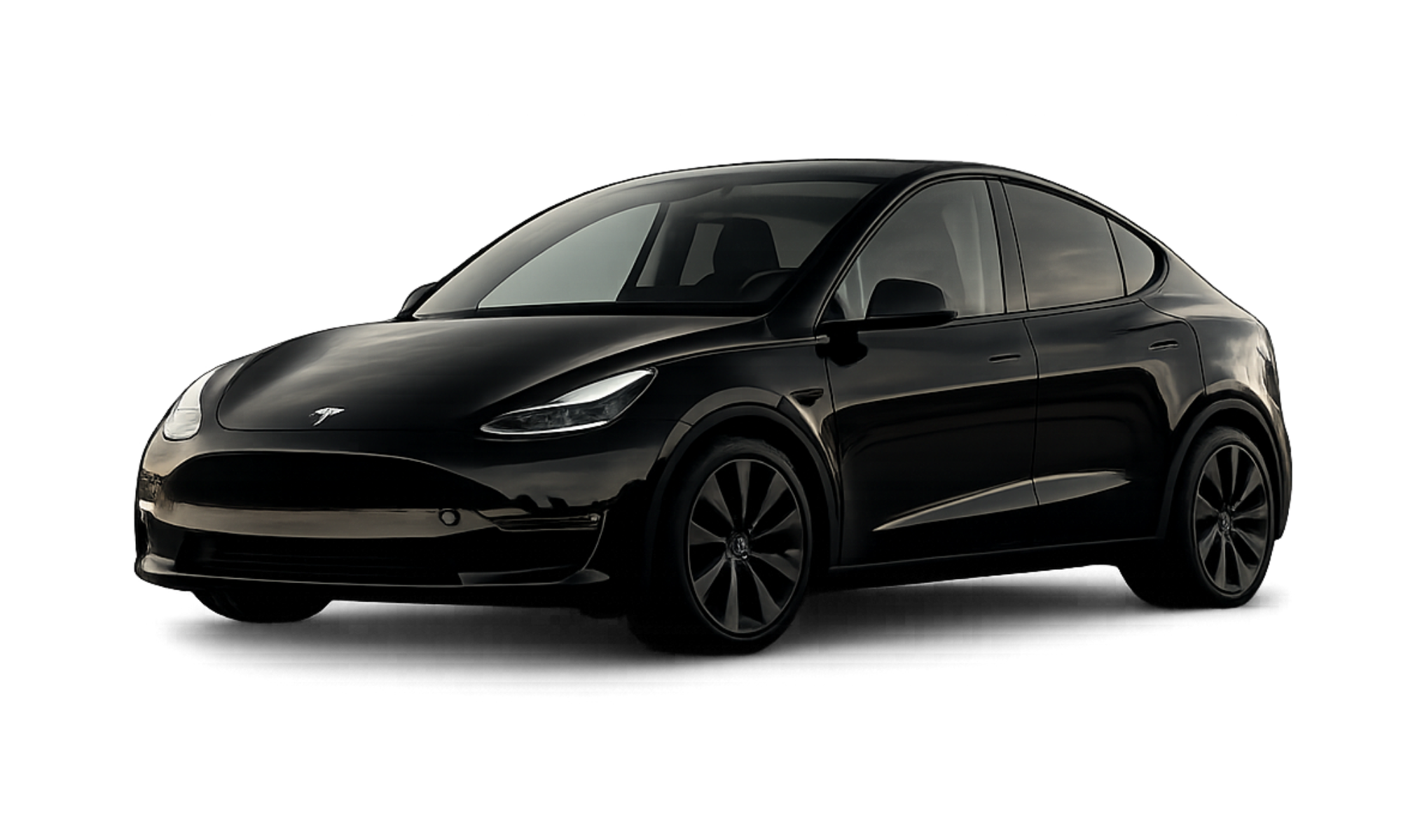 Black Tesla Model Y in a studio setting with a solid black background.