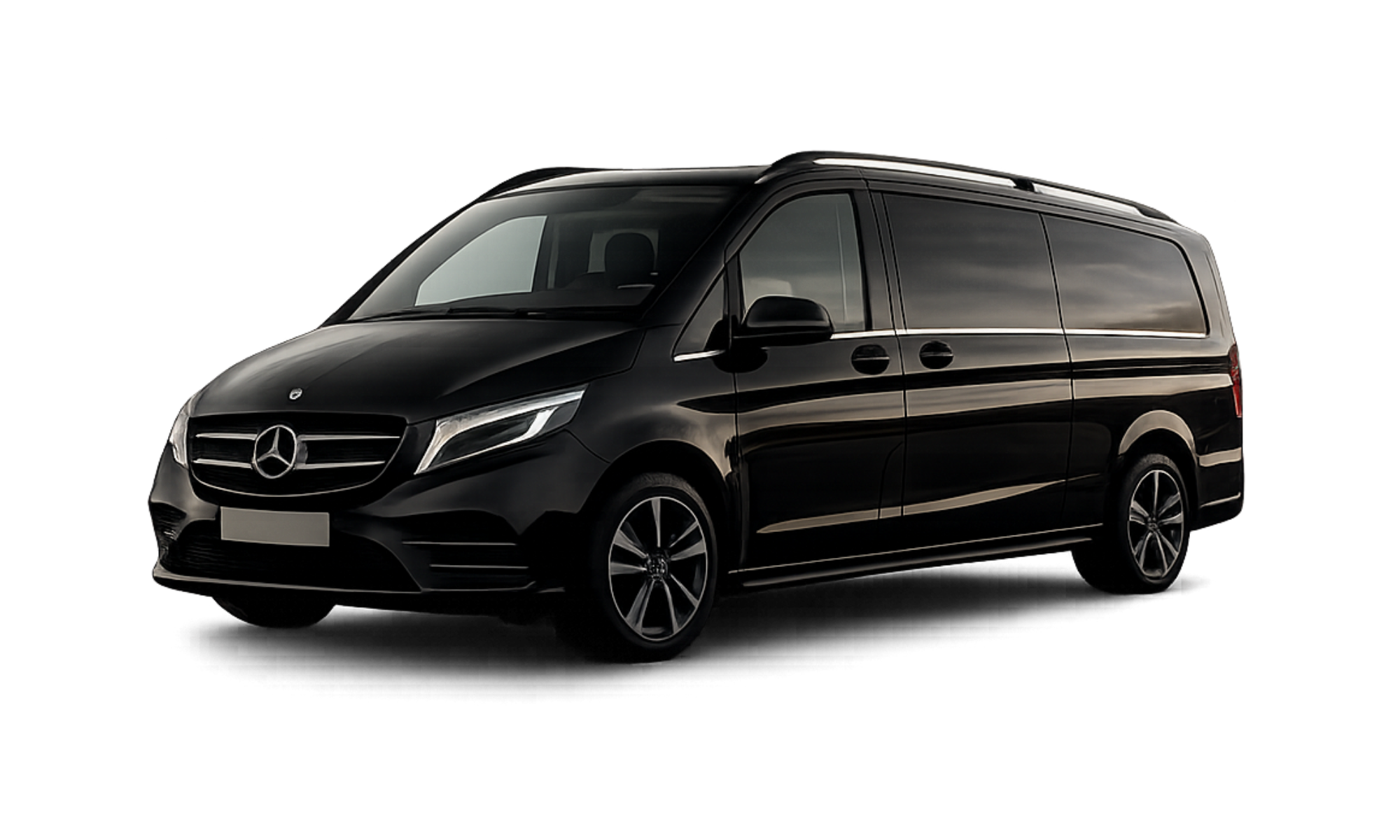 Black Mercedes-Benz van against a black background.