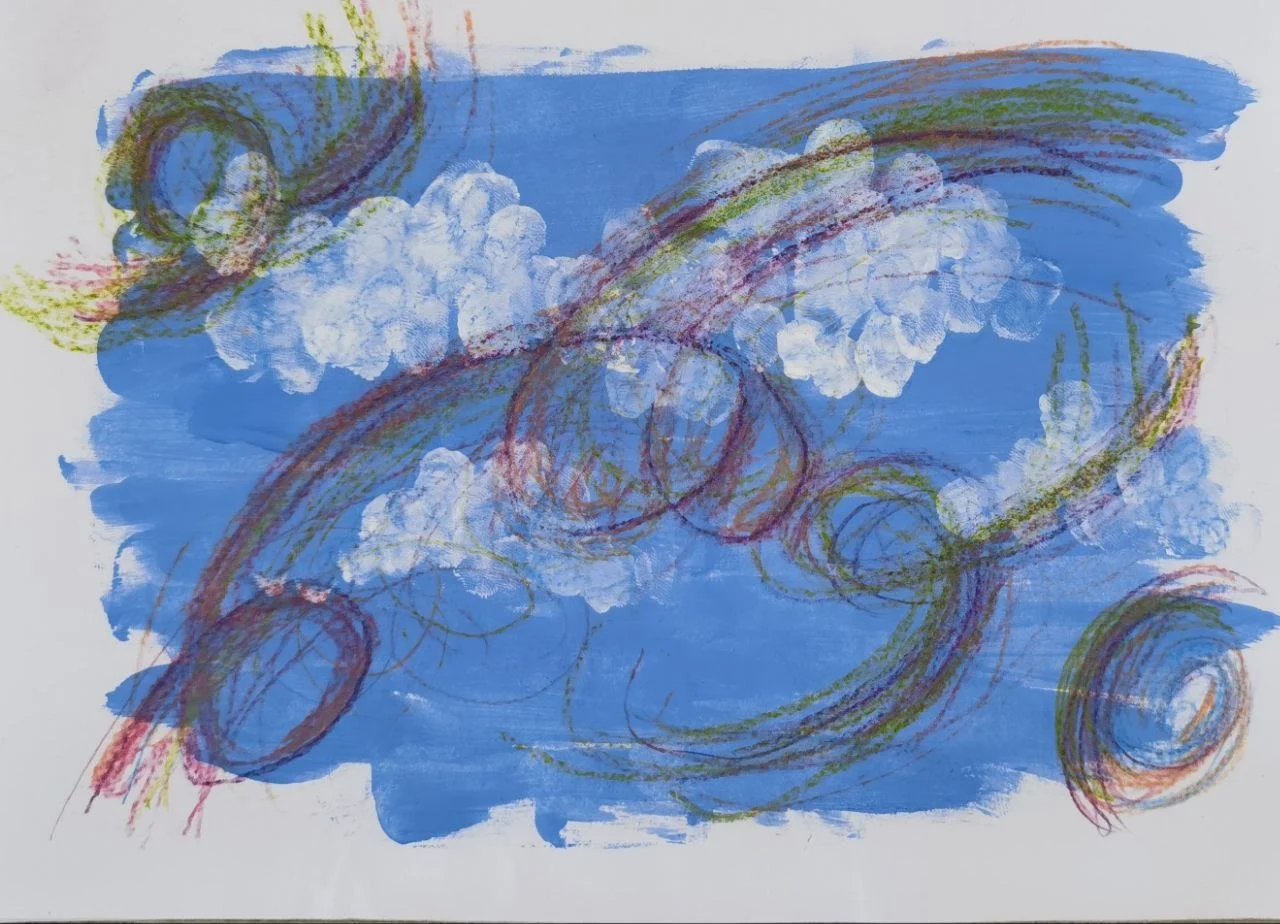 by SA.  "Sky, kumbaga, kasi peaceful. Tapos clouds kasi peaceful at malambot. Nanlalambot ka rin kapag nag-gigrieve ka. Double-edge sword. Tapos may swirls dito that are similar to a rainbow, pastel shades, kasi mas magaan sa pakiramdam."