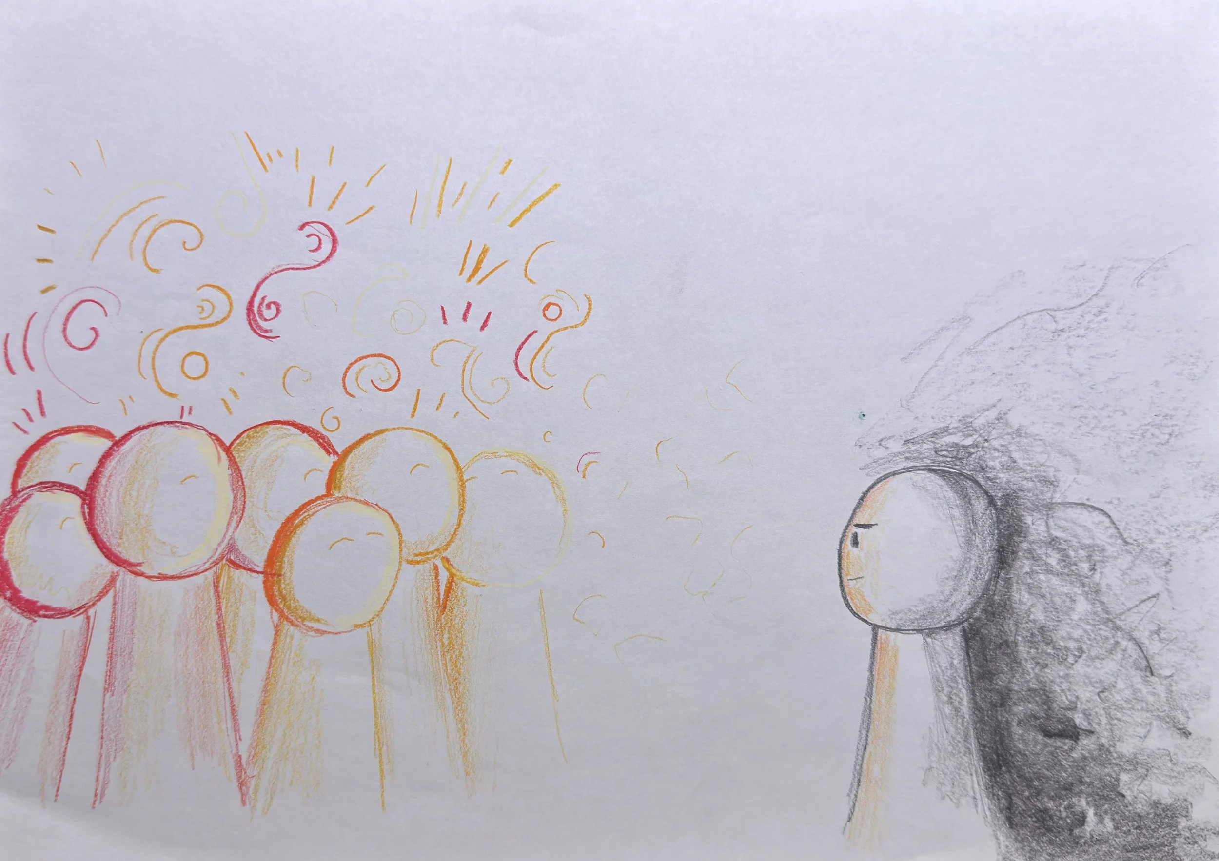 by. S  "A jumbled mess of lines to show how loud, how flowing, how happy this conversation is going. The gradient goes from red to cream, and the squiggle of the lines starts being confusing, almost flowing erratically. Grief could be shown through s
