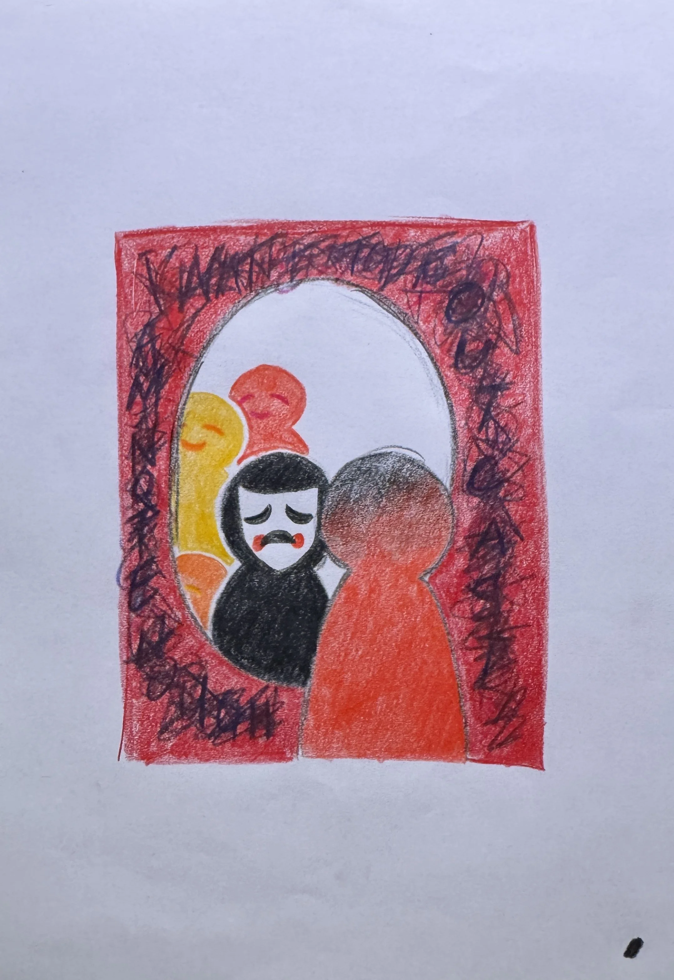 by VE. "It's a person facing a mirror. These are the other people around them. The person is trying to become like the others. pero andun pa rin yung parang grief niya, yung sadness niya. The color red represents confusion, kaya may mga jumbled somet