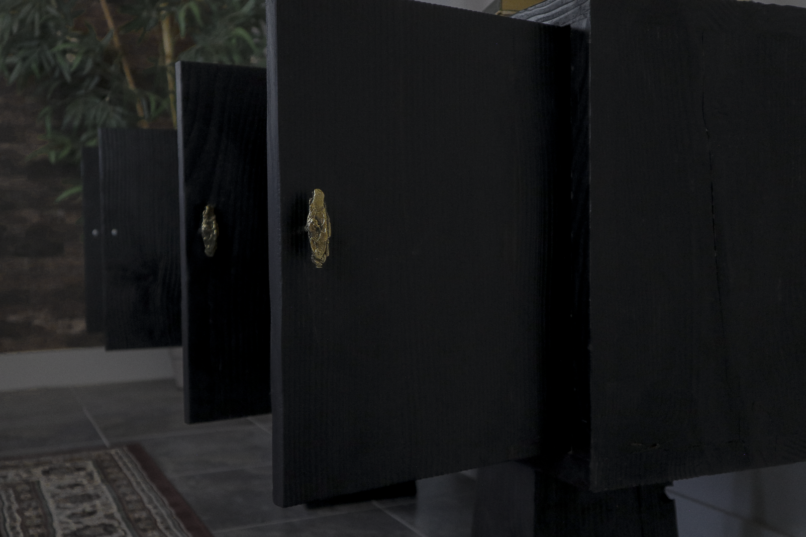 Three black wooden cabinet doors open with ornate gold handles, situated in a room with a carpeted floor and a plant in the background.