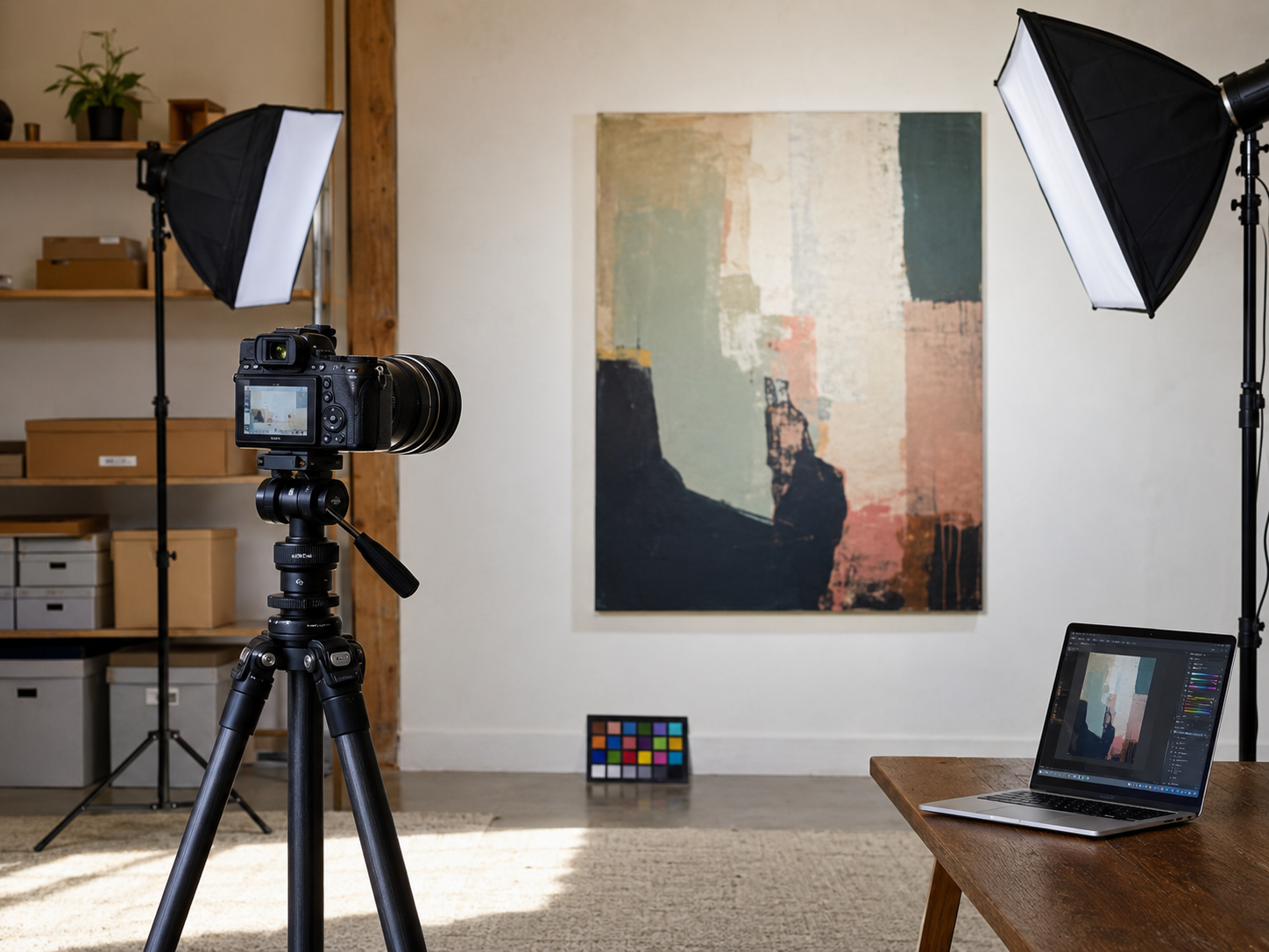 Professional camera setup photographing original artwork for archiving, gallery submissions and print files