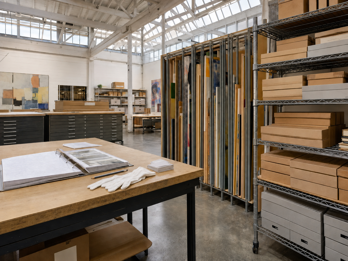 Organized artwork racks, archival boxes and inventory records in a bright warehouse studio