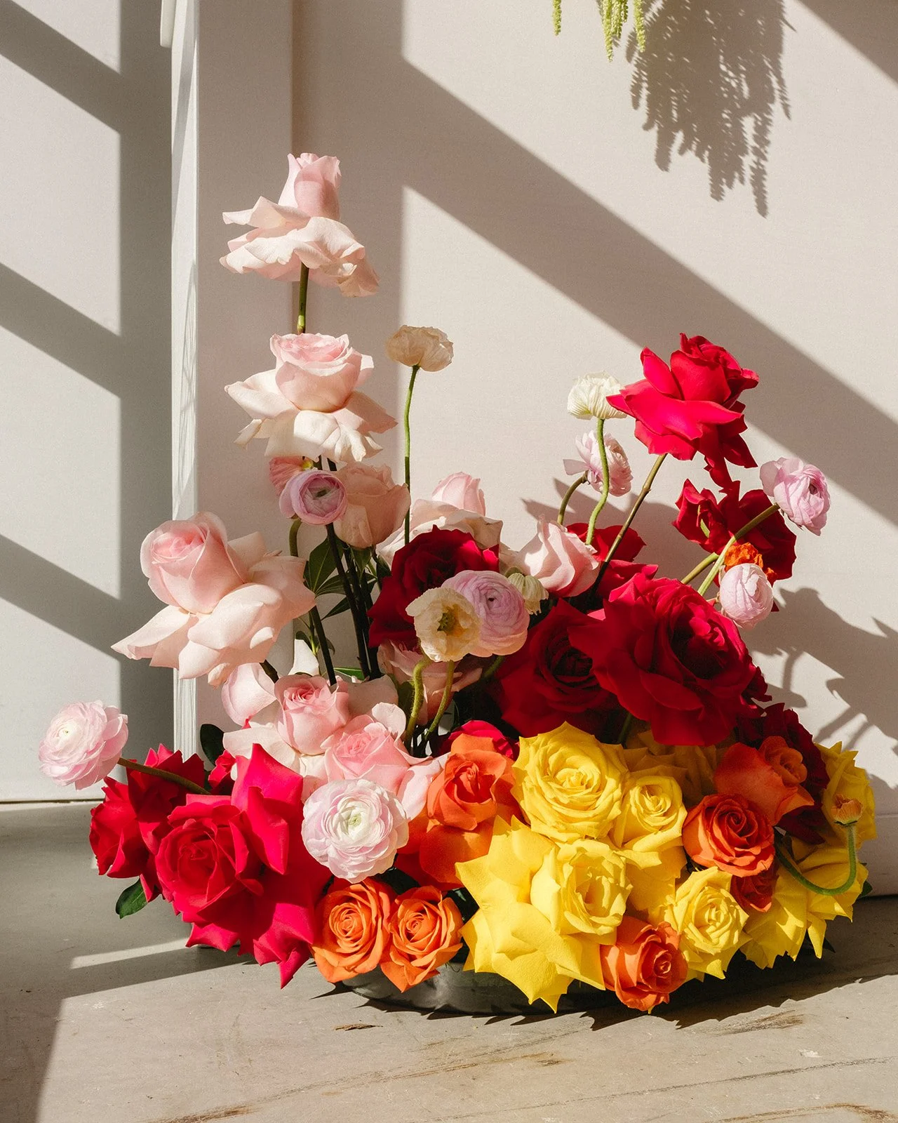 Flower arrangement of pink, red, orange, and yellow roses placed on wooden floor with sunlight and shadows.