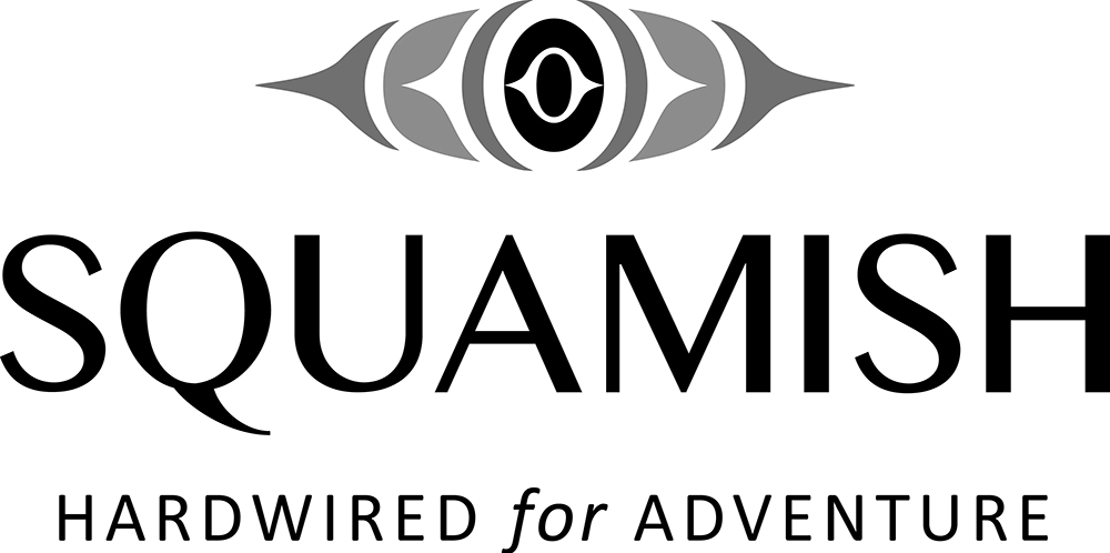 Logo of Squamish, featuring a stylized eye with intricate design, and text that says "Squamish Hardwired for Adventure".
