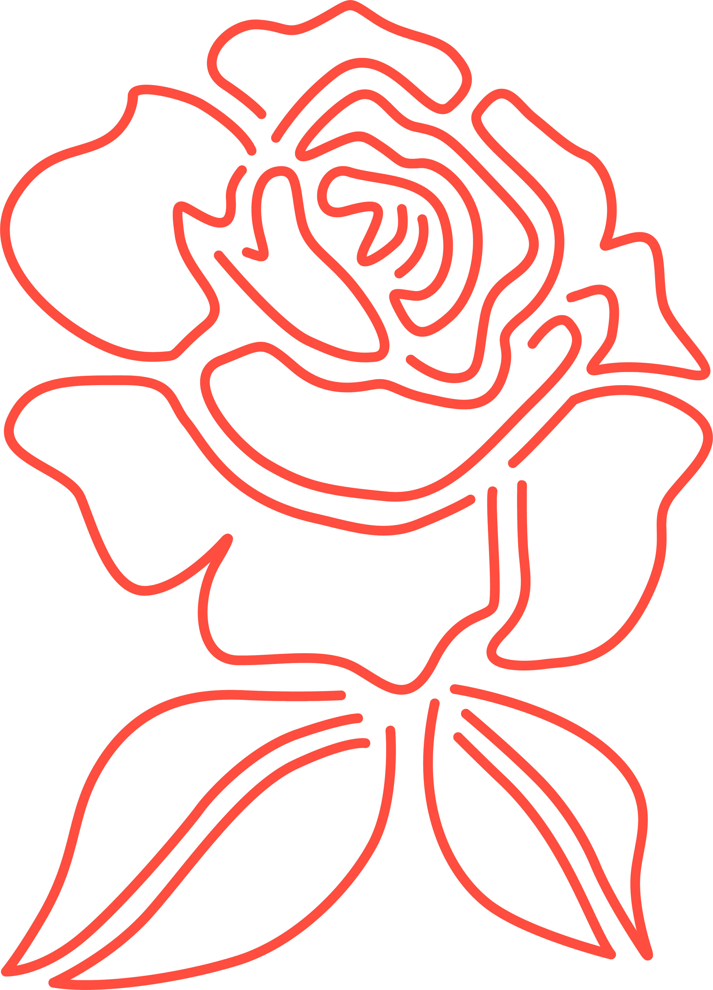 Red neon outline of a rose with leaves on a black background.