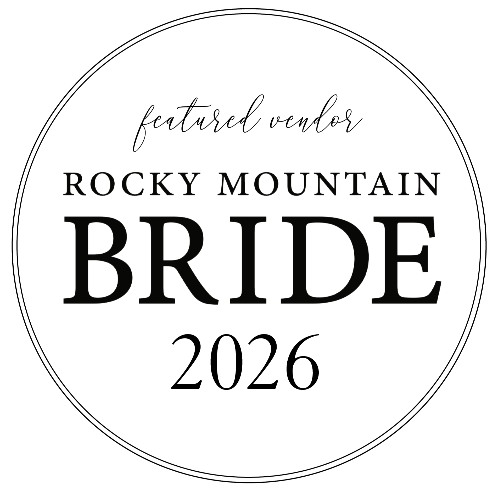 Black and white circular badge with text recognizing Rocky Mountain Bride as a featured vendor in 2026.