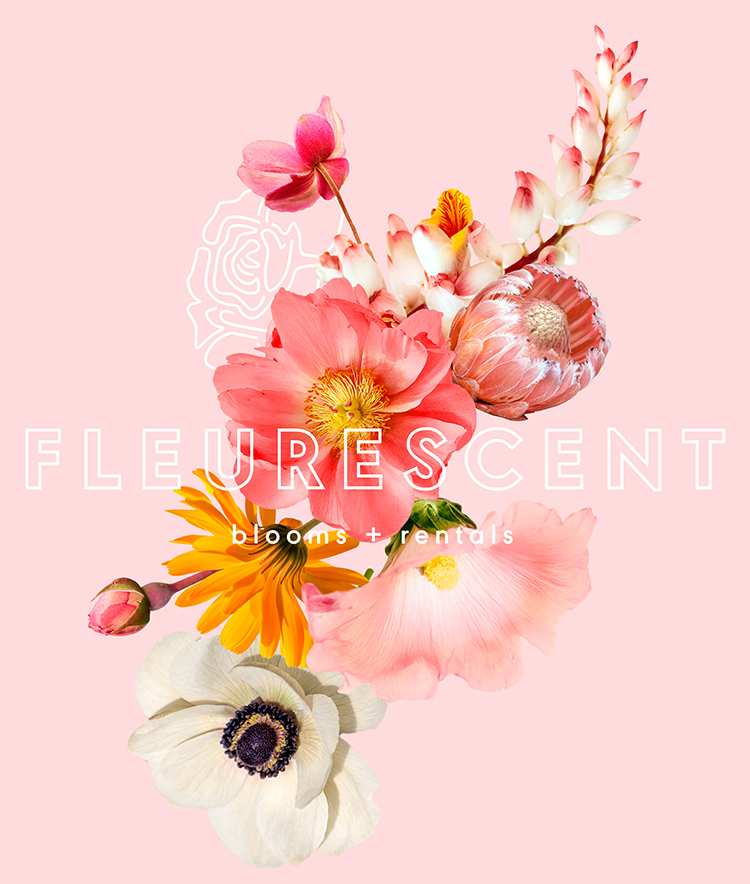 Arrangement of various pink, white, orange, and yellow flowers on a light pink background with the text "Fleurescent blooms + rentals."