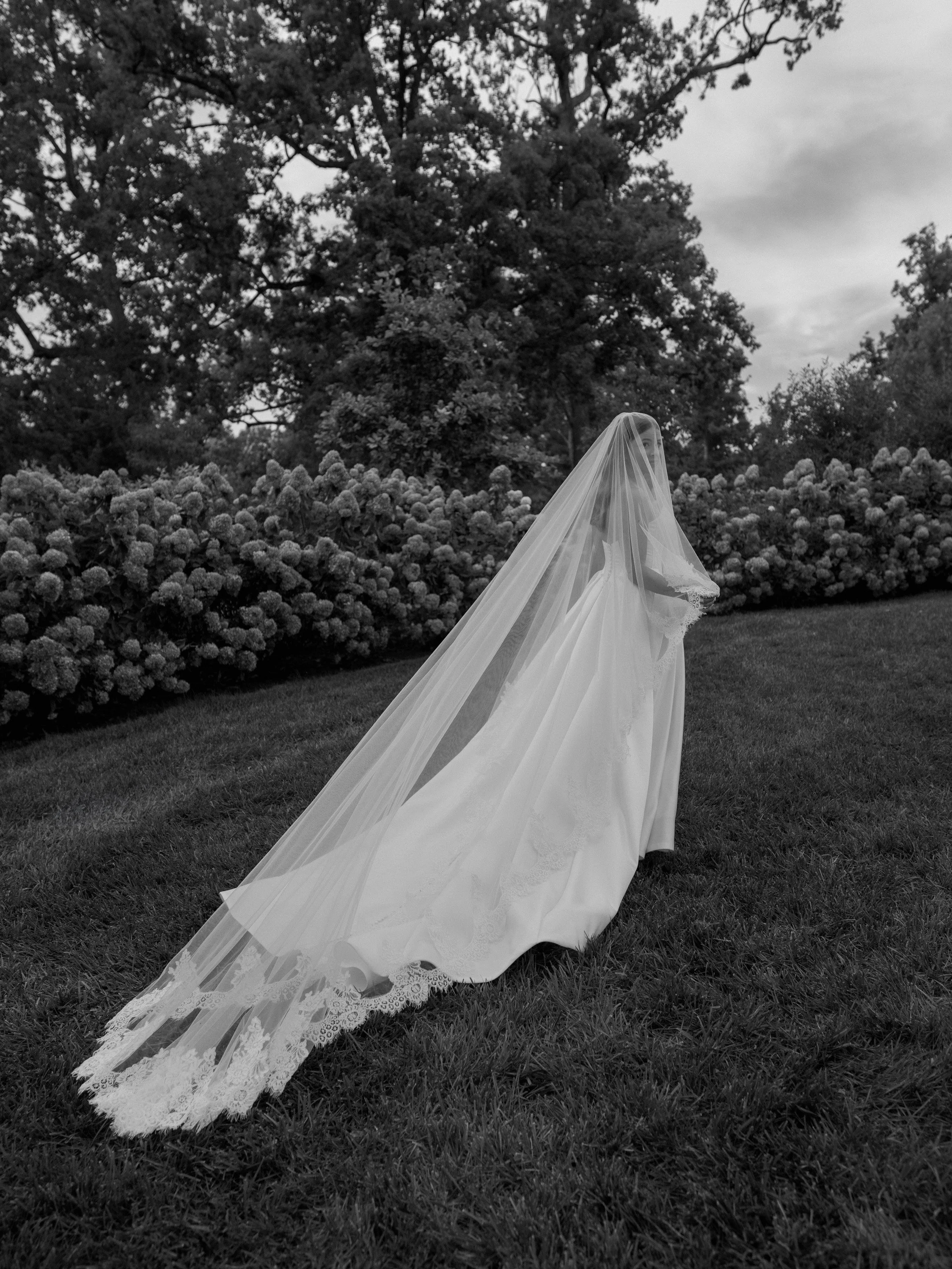 A bride in a wedding dress and veil standing on grass with shrubbery and trees in the background, captured in black and white