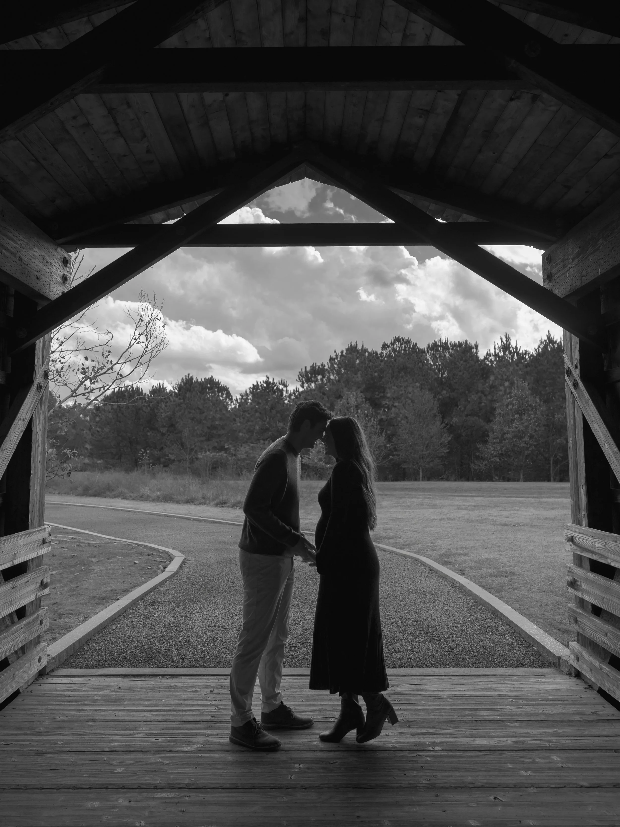 A silhouette of a couple holding hands and touching foreheads under a wooden structure with a cloudy sky and trees in the background.