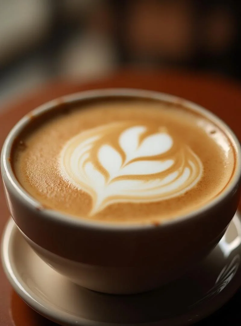 A cup of coffee with latte art in a white ceramic cup on a saucer, placed on a wooden surface.