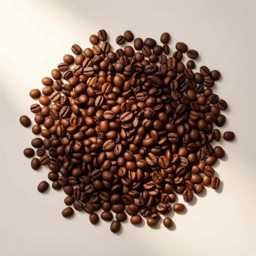 Coffee beans scattered on a white surface.