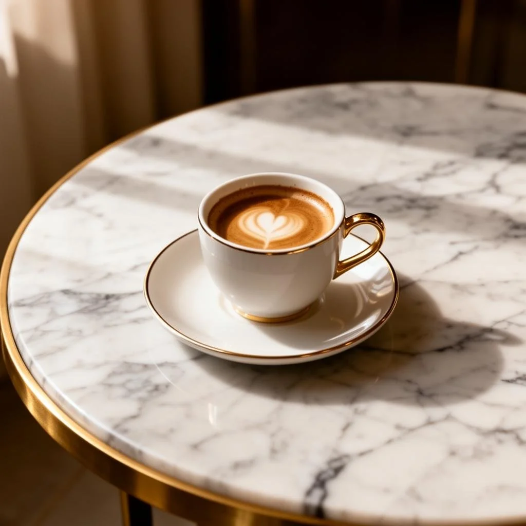 A white porcelain coffee cup with a gold rim and handle, filled with latte art, sits on a matching saucer on a round marble table with gold trim. The latte art features a heart design.