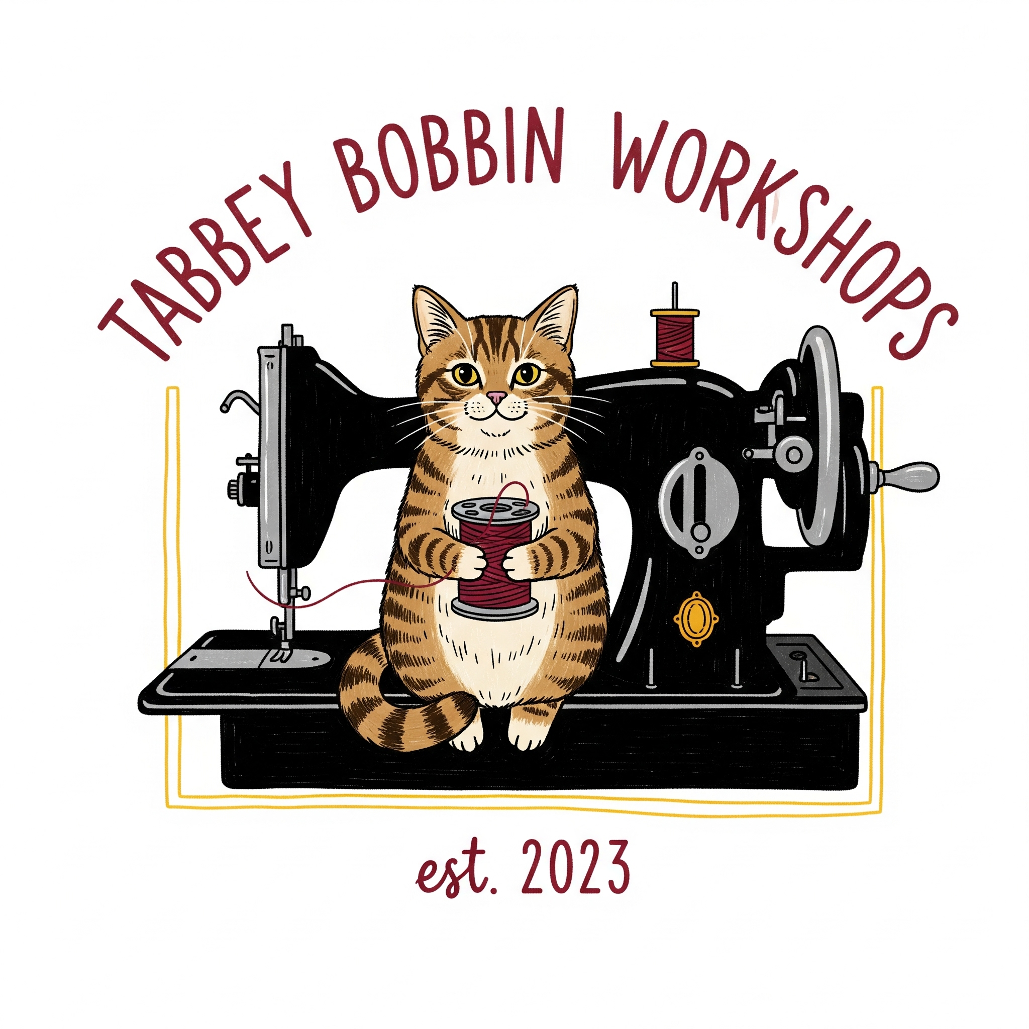 Illustration of a cat holding a spool of red thread in front of a vintage sewing machine, with the text 'Tabbey Bobbin Workshops est. 2023'.