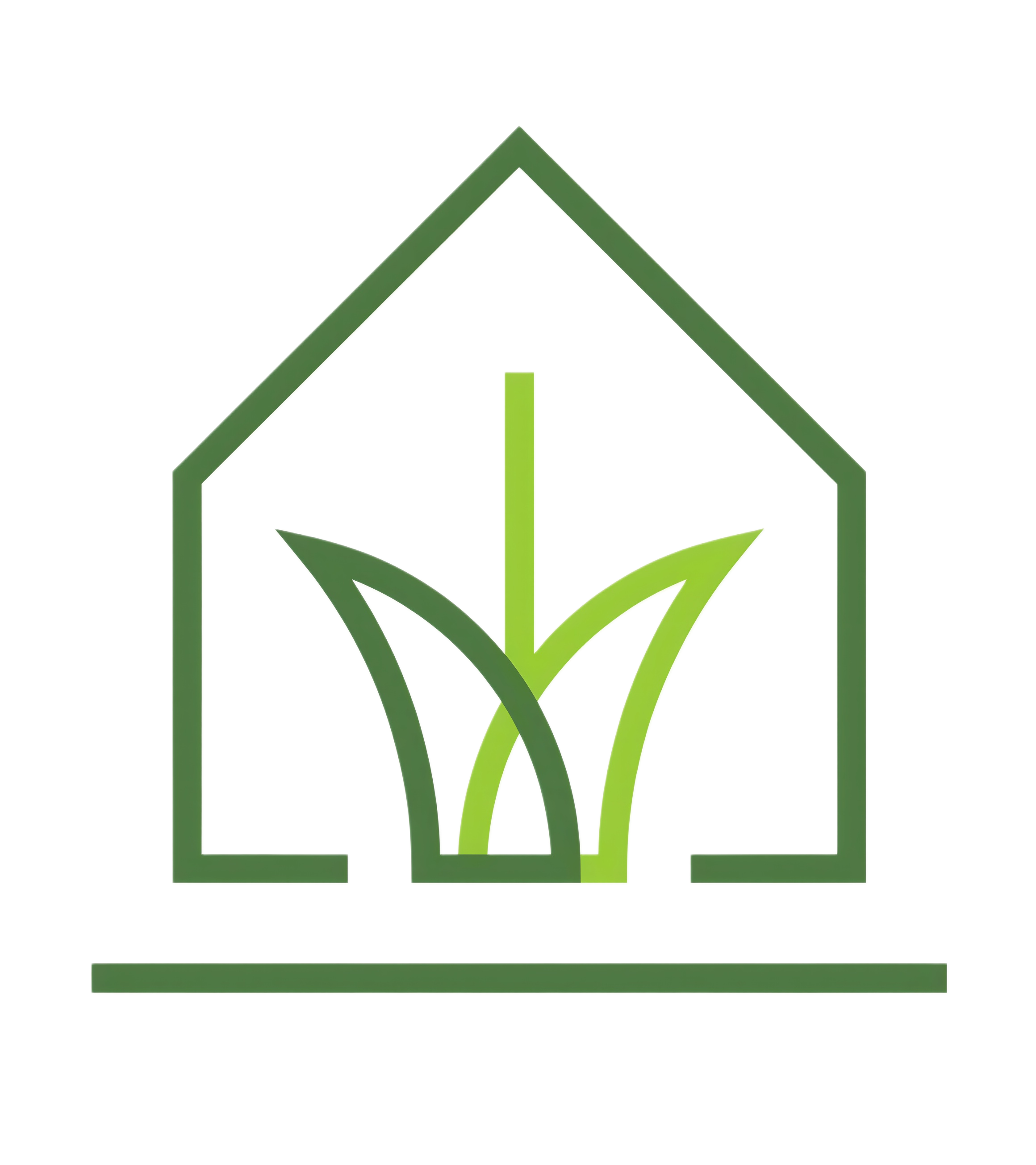 A green house logo with a stylized plant inside, featuring leaves and a stem, and the words "Eco Friendly Home" underneath.