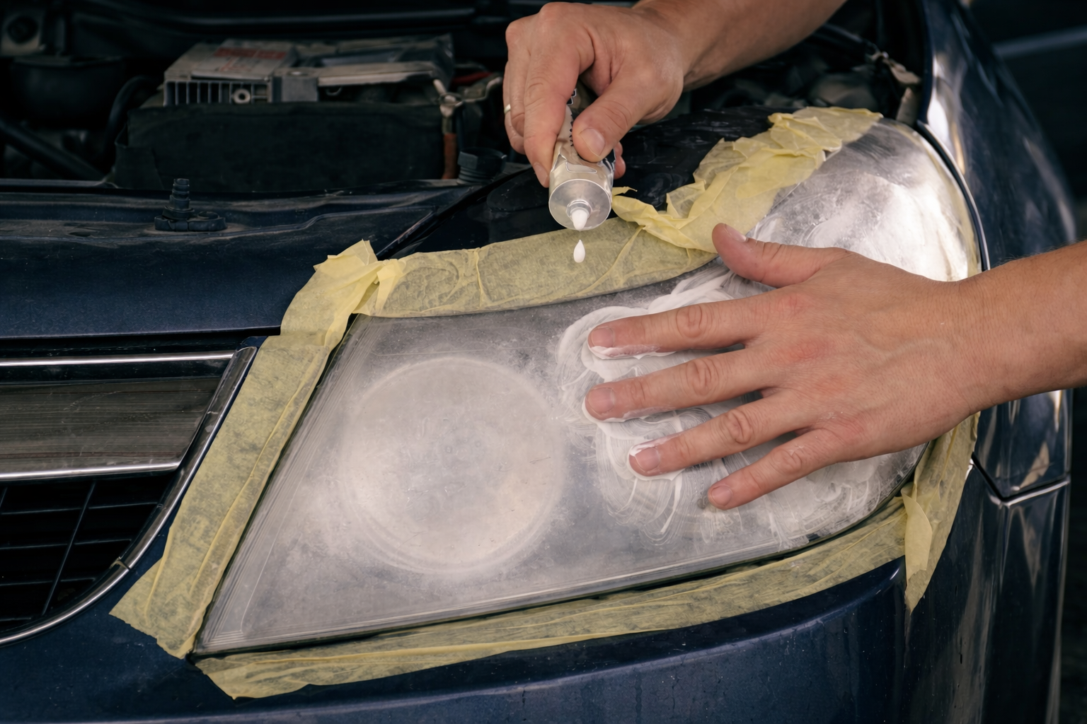 Person applying clear coat to car headlight with masking tape around it.
