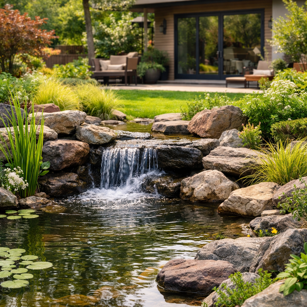 Un pequeño estanque con rocas y plantas acuáticas, un quiosco con sillones al fondo, y un jardín con césped, árboles y arbustos.