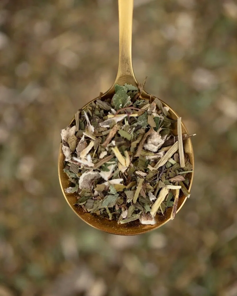 A close-up of a gold spoon filled with dried herbs and plant materials.