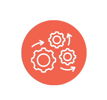 Icon of three interconnected gears with arrows indicating movement inside a red circle.