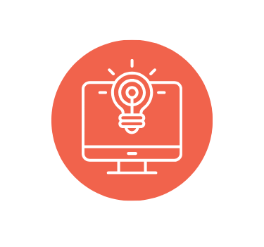 Icon of a computer monitor with a lightbulb symbol, representing ideas or innovation, on a red circular background.