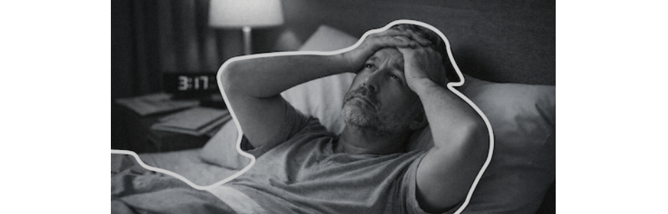 Business owner lying awake stressed about leadership handover and responsibility