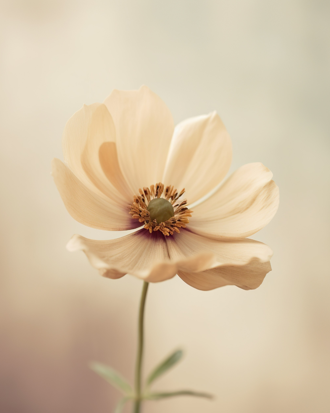 A close-up photograph of a cream-colored flower with soft petals and a green center, against a blurred light background.
