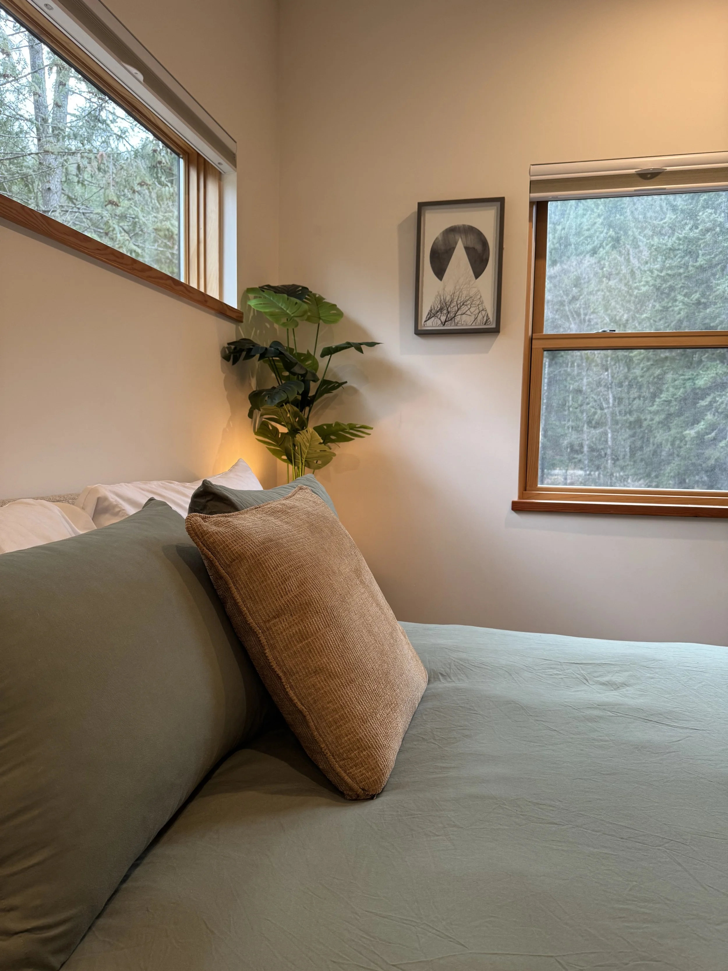 A cozy bedroom with a bed covered in beige and pale green bedding, topped with a large brown pillow. There is a large green plant in the corner, and two windows with wooden frames allow natural light to fill the room. A piece of framed artwork hangs 