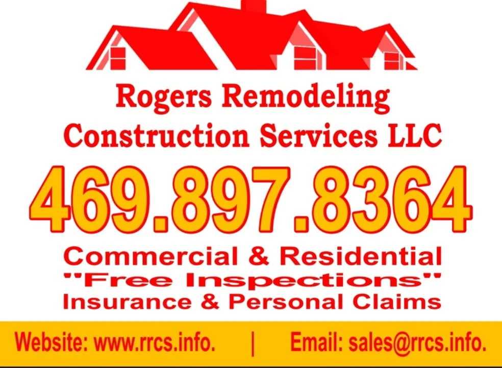 Advertisement for Rogers Remodeling Construction Services LLC featuring a red roof illustration, bold red and yellow text with a phone number, and contact information including a website and email.