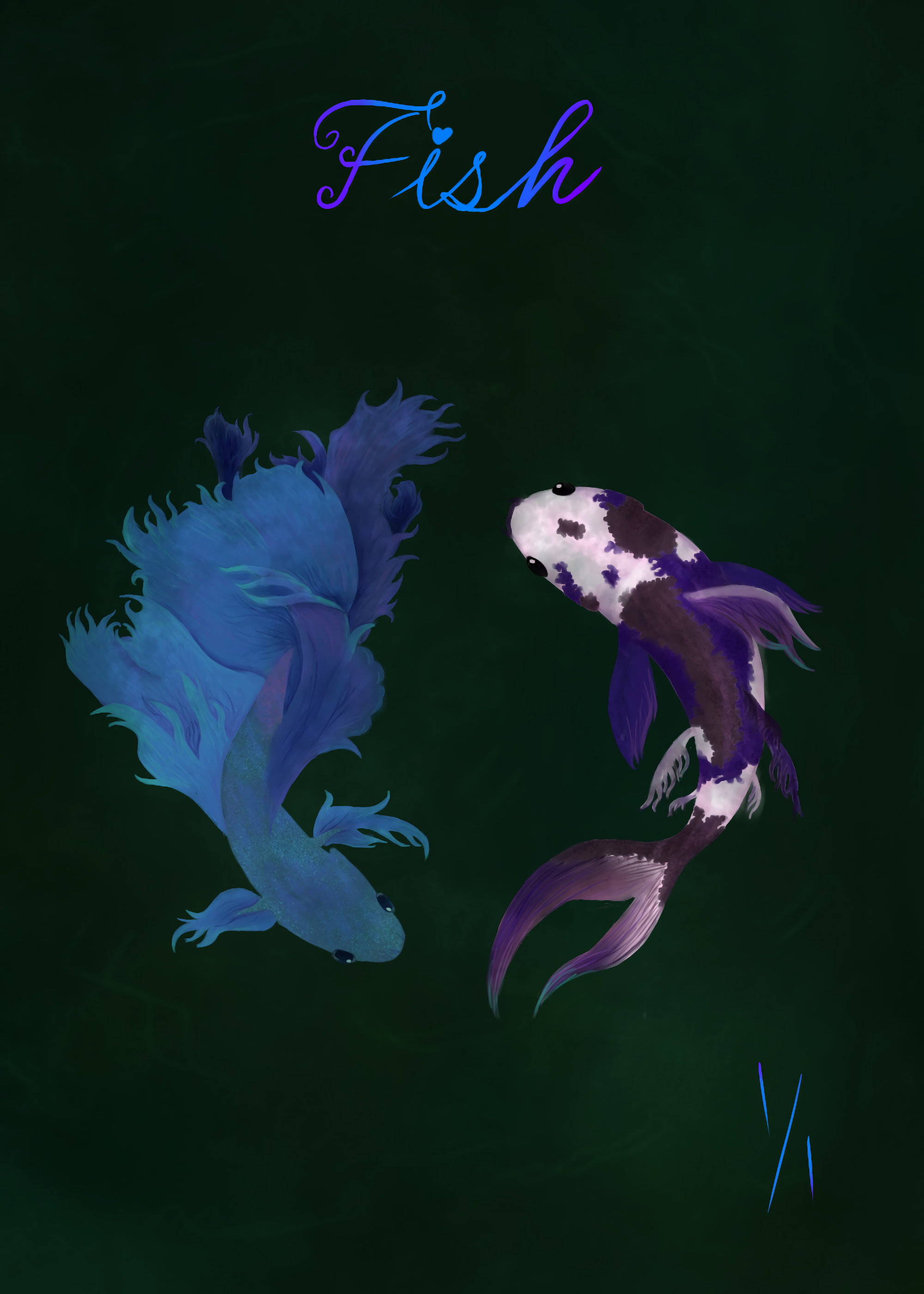 Digital illustration of two colorful fish, one light blue and one white with purple spots, swimming towards each other on a dark green background. The word 'Fish' is written at the top in a decorative purple and blue script.