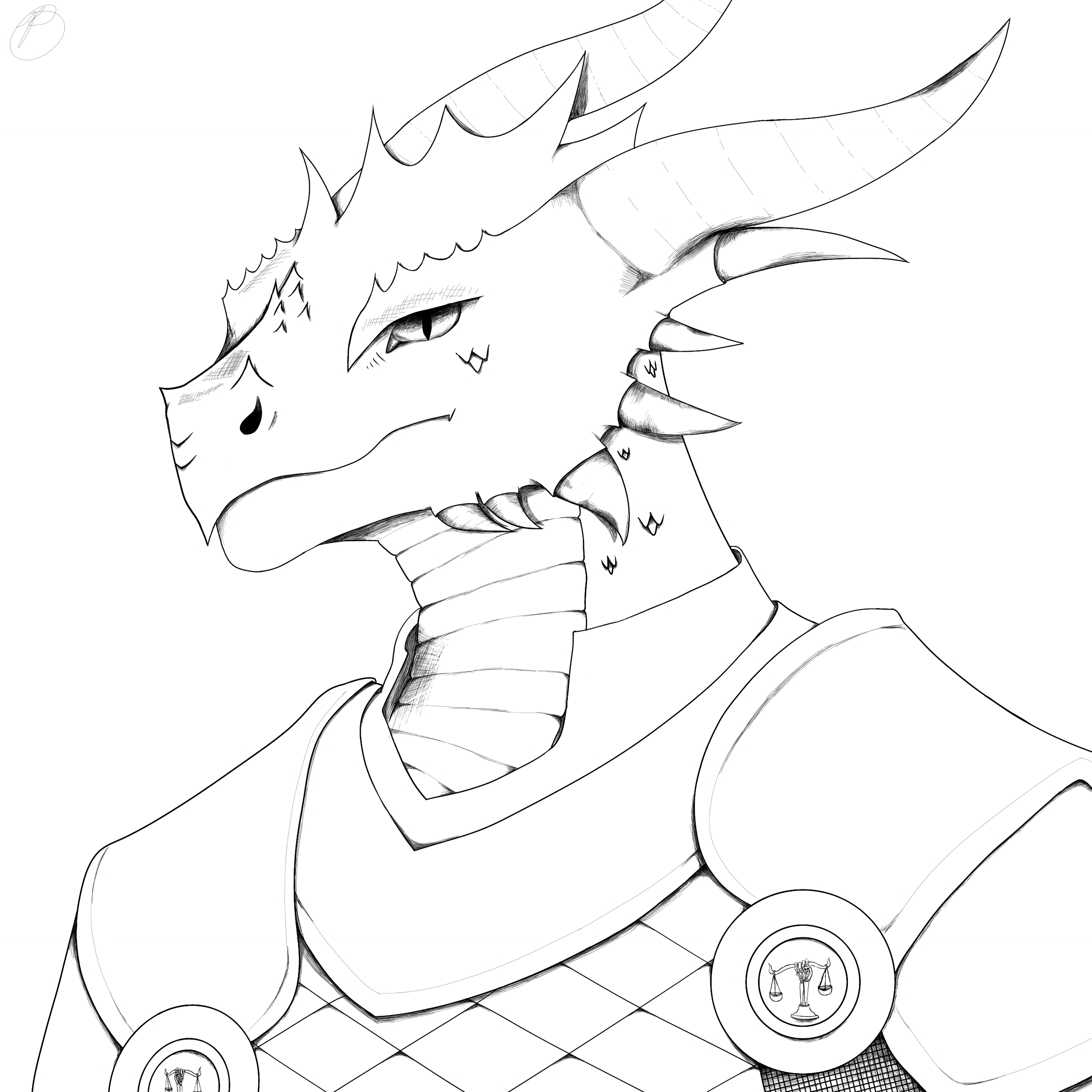 Line drawing of an anthropomorphic dragon knight with armor, including shoulder pads and a crest with scales and horns, detailed with hatch shading.