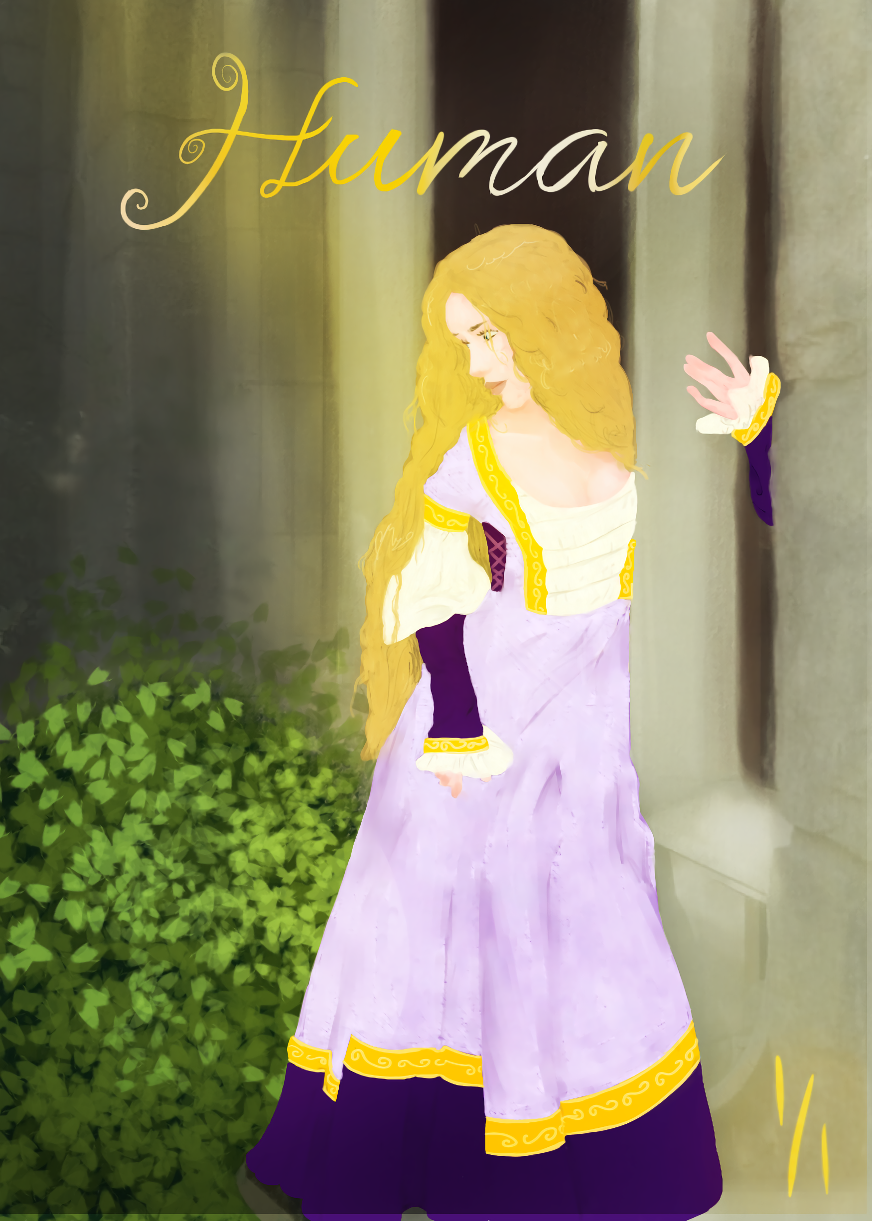 Illustration of a woman with long blonde hair wearing a purple and gold medieval-style gown, standing near a stone wall and green plants, with the word 'Human' written at the top.