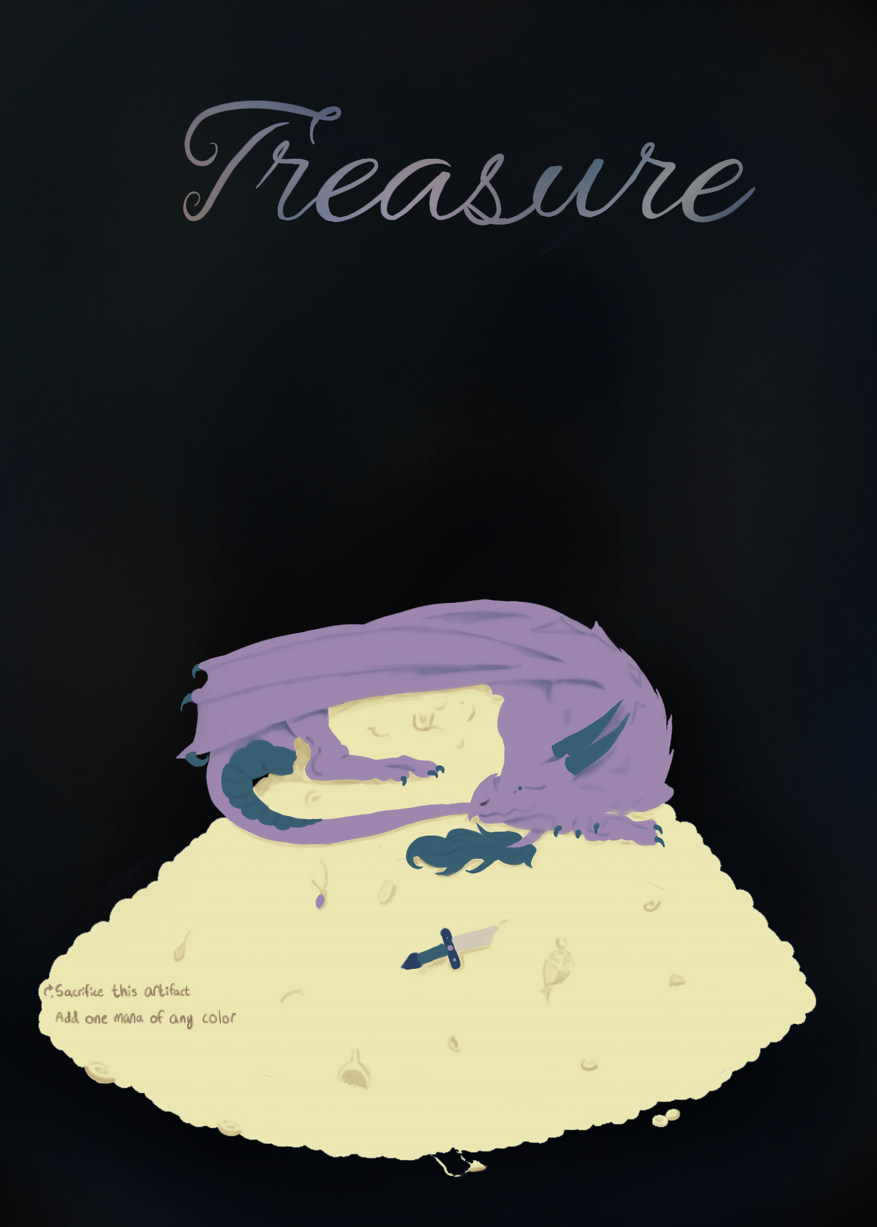 A purple dragon lying on a mound of coin and treasure with a small sword nearby. The word "Treasure" is written at the top in elegant script.