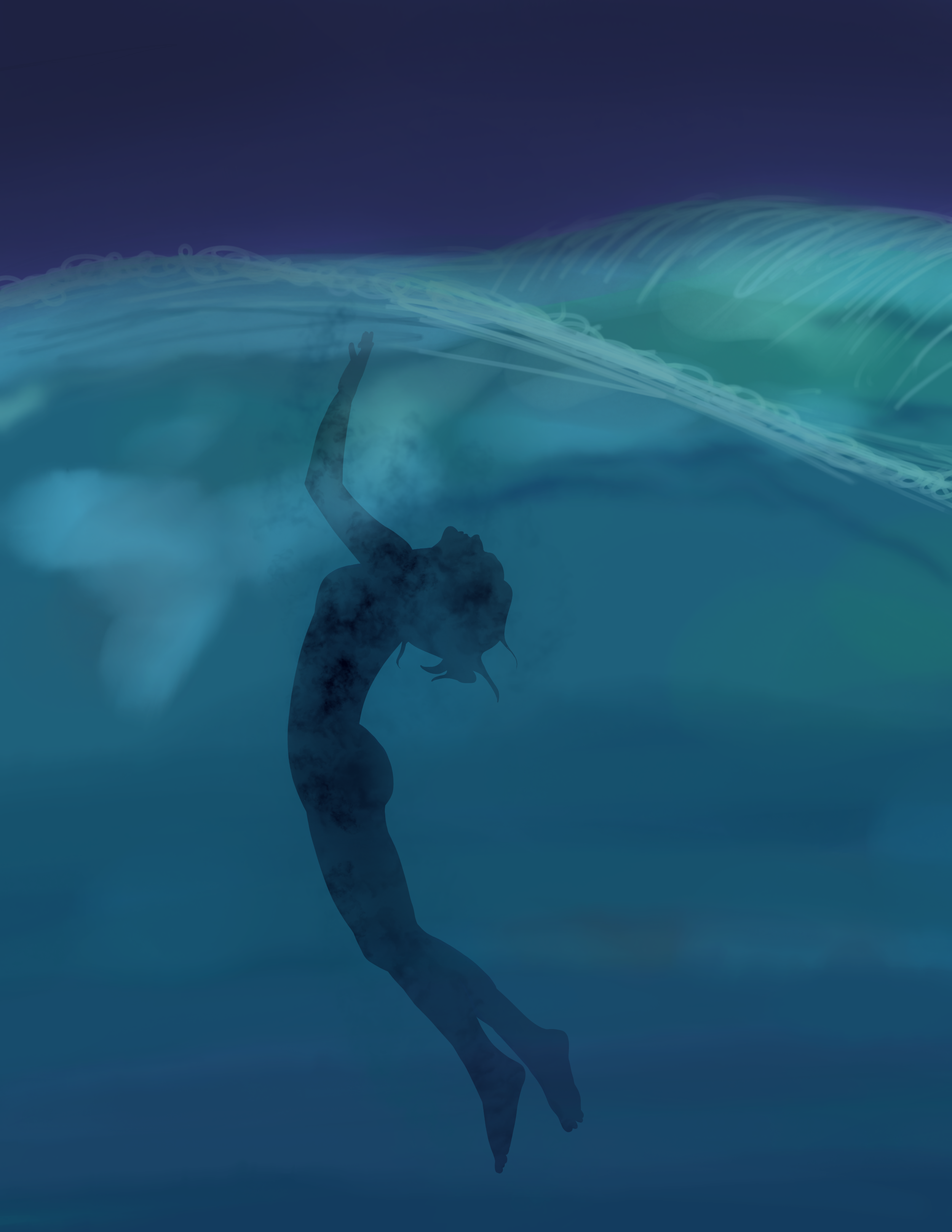 Silhouette of a woman swimming underwater with ocean waves above her.