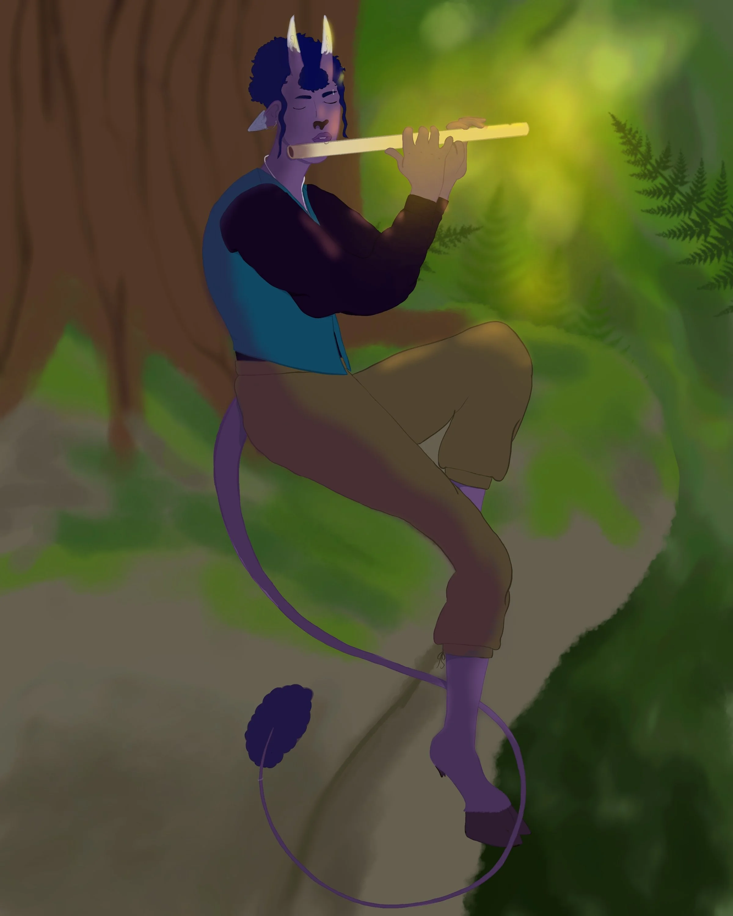 A tiefling with purple skin, horns, and a tail is sitting on a branch playing a flute in a lush green forest.