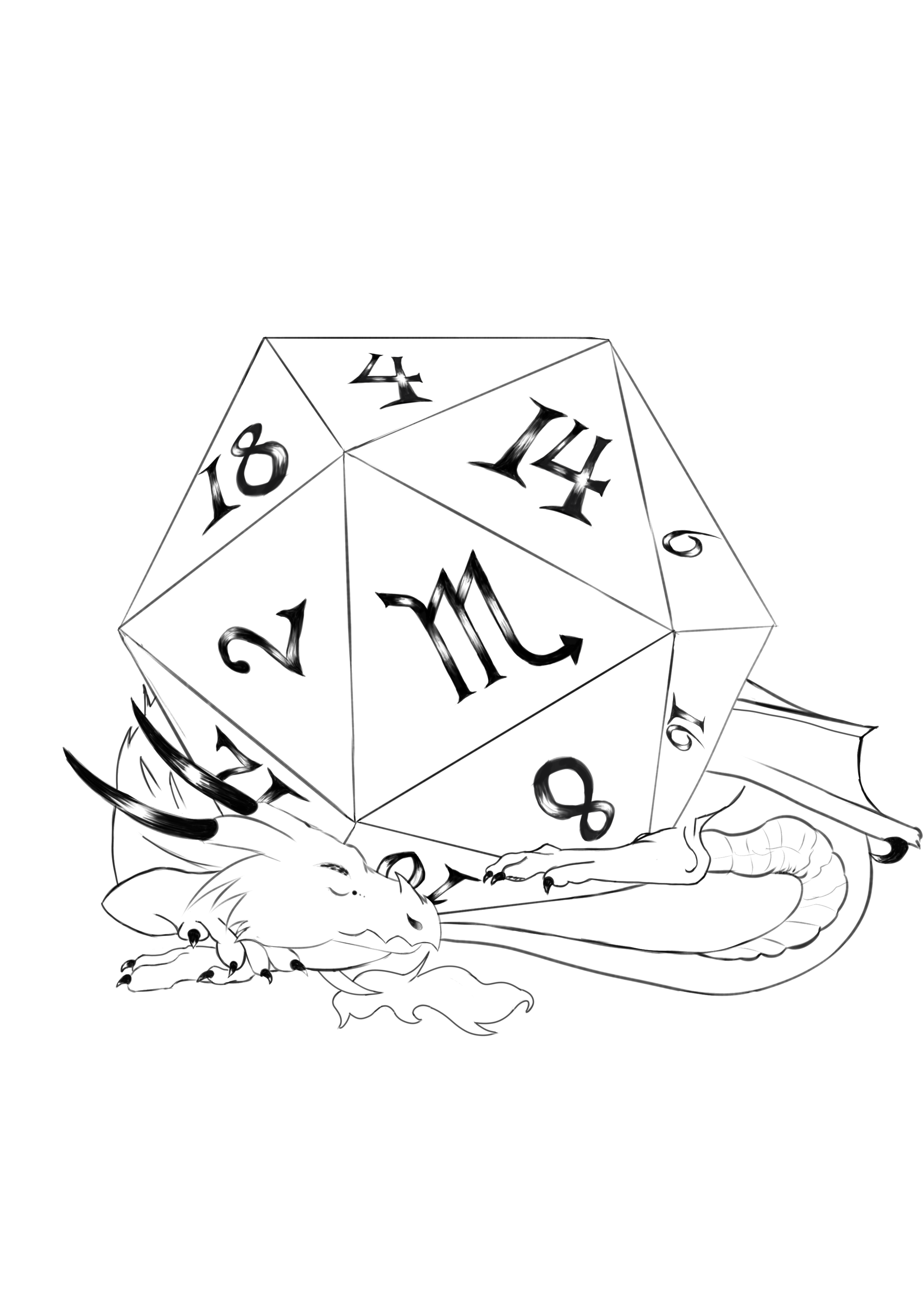 A dragon with horns and claws lying next to a twenty-sided die used in role-playing games, featuring numbers and symbols.
