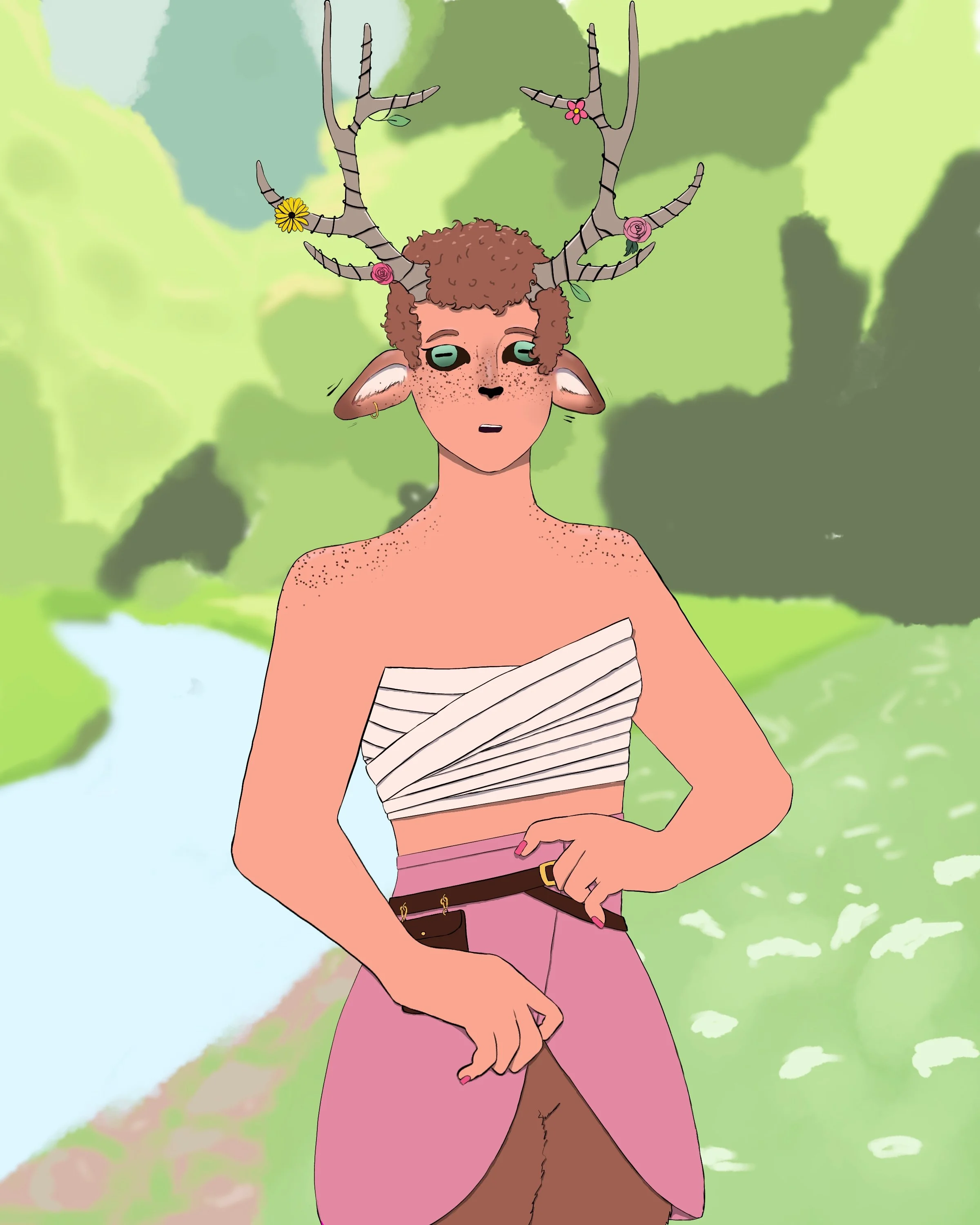 An animated character of a female deer with antlers adorned with flowers, standing outdoors by a river with green trees in the background, wearing a striped off-shoulder top and pink skirt.