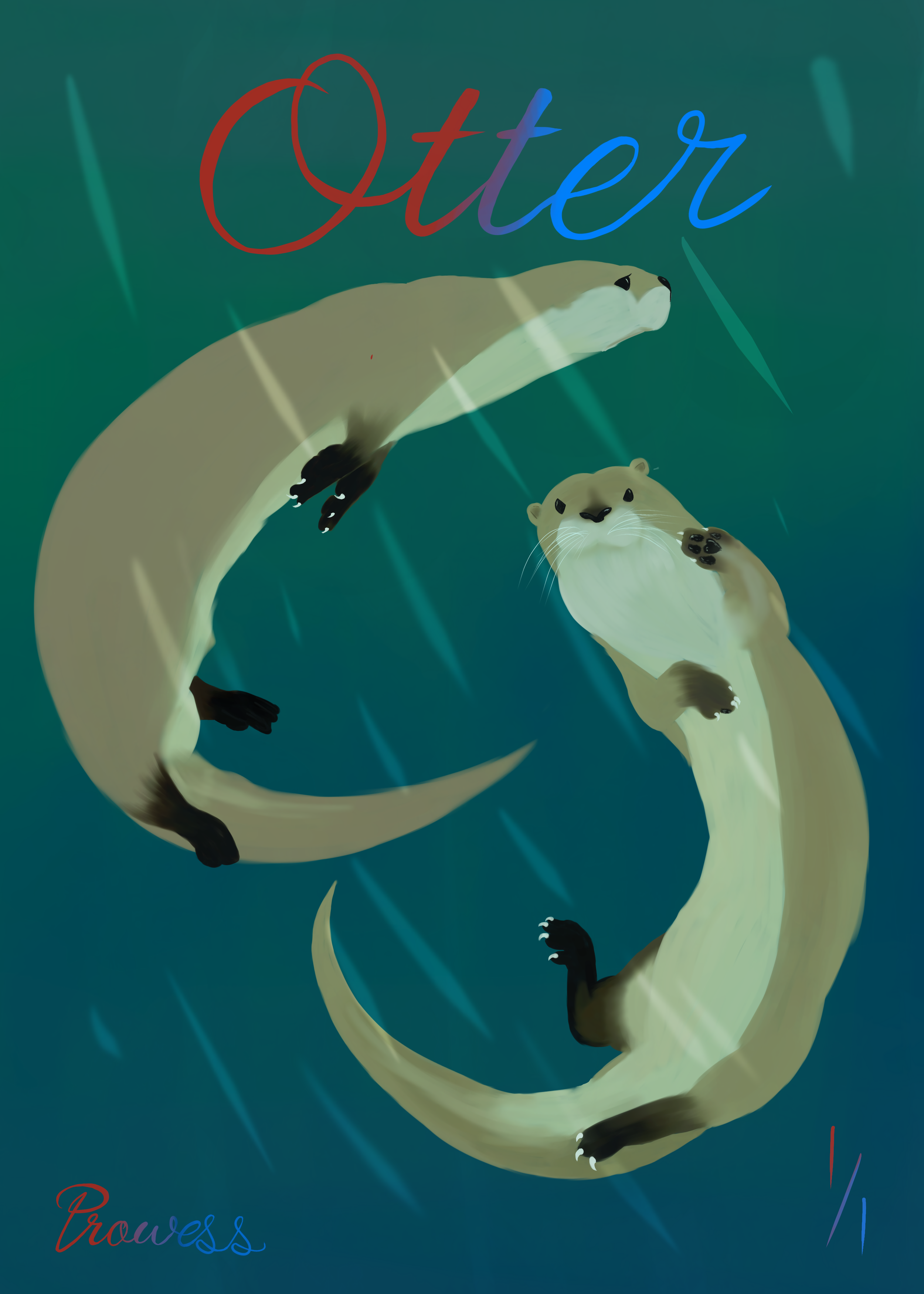Two otters swimming underwater behind glass, with the word 'Otter' at the top and 'Prowess' at the bottom, against a teal background.