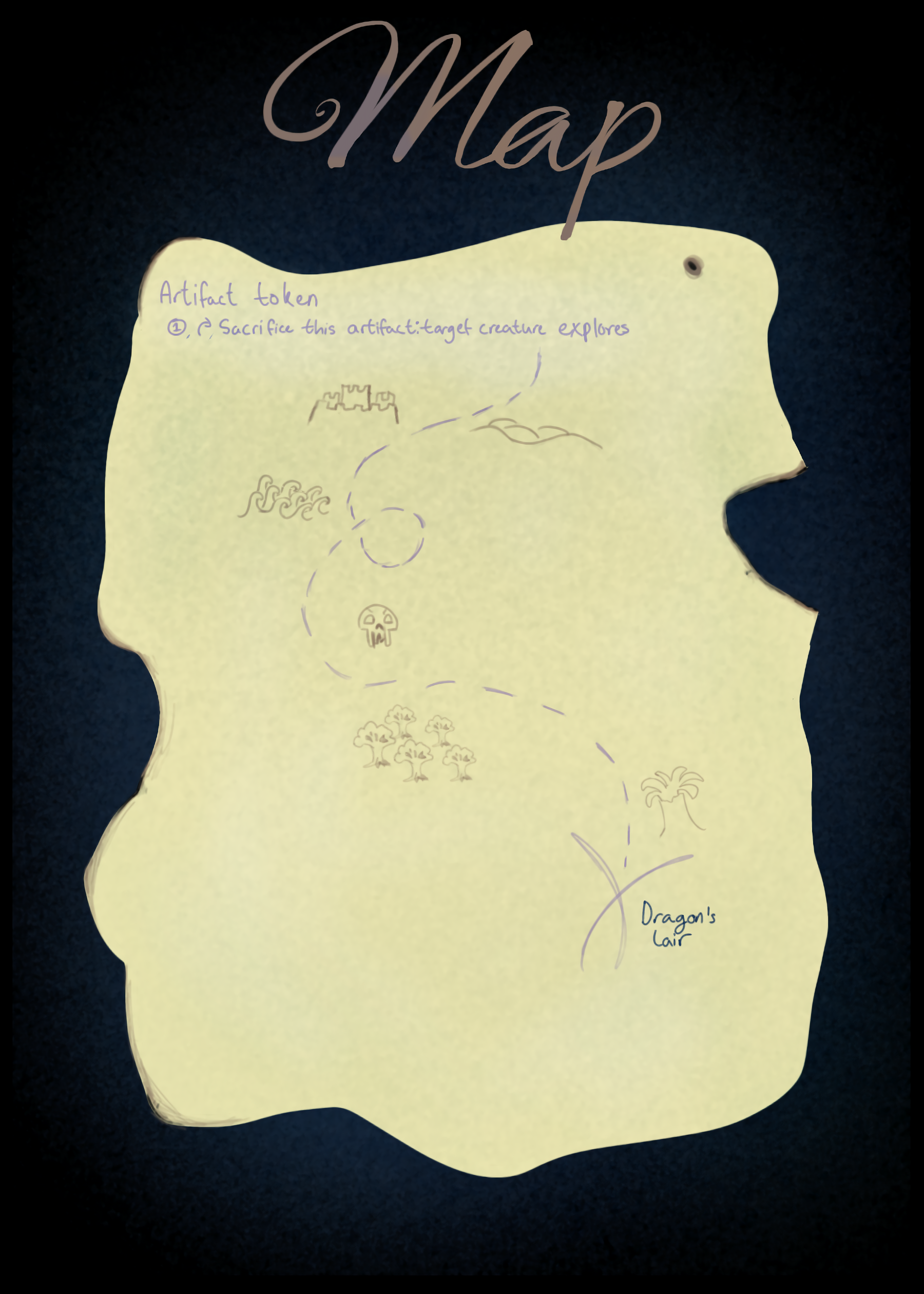A fantasy map titled 'Map' with various locations drawn, including a castle, a forest, a skull, and a dragon's lair; it has handwritten labels and a dashed path connecting the sites.