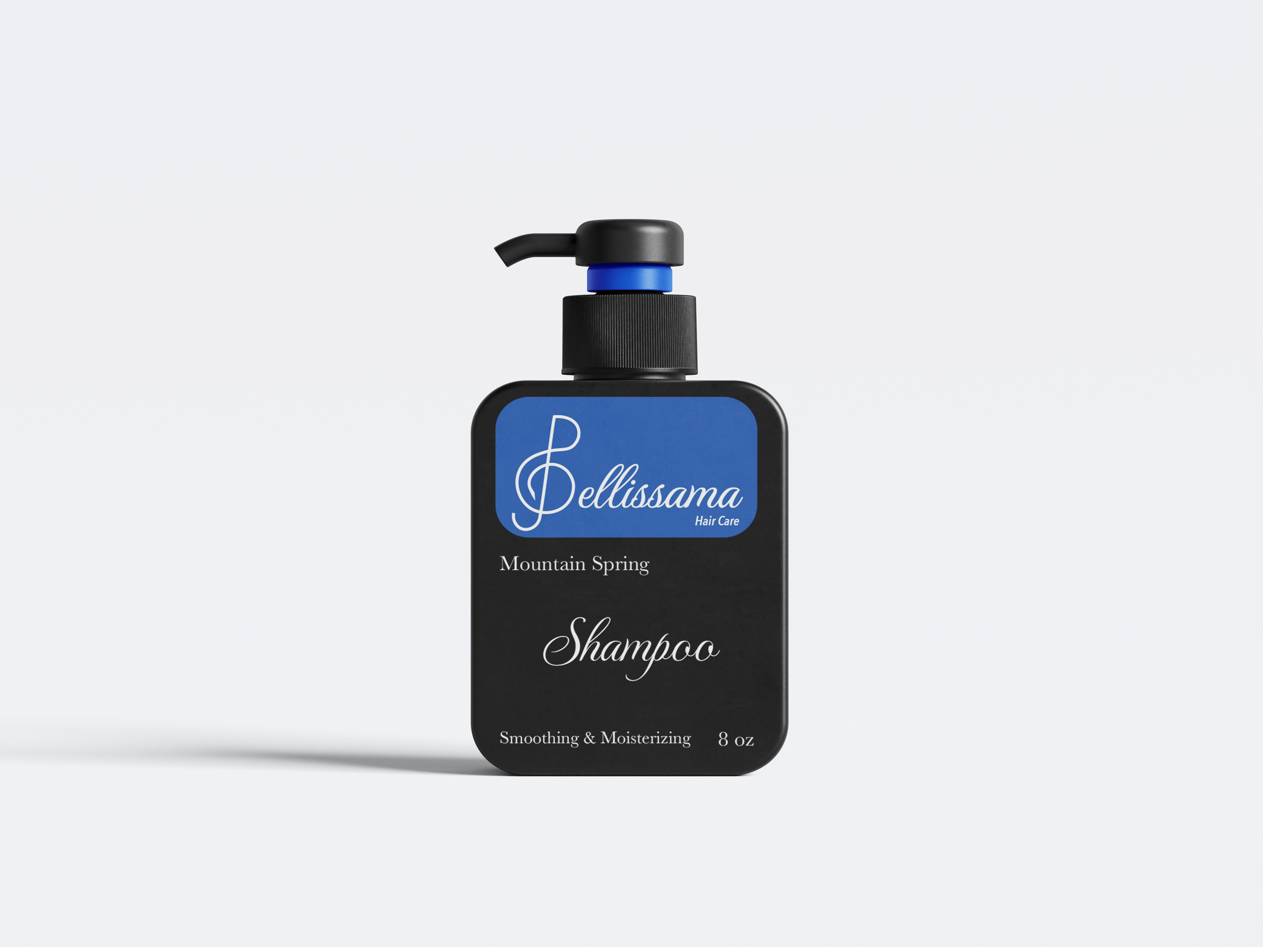 A black shampoo bottle with a pump dispenser, labeled 'Bellissima Hair Care', 'Mountain Spring', 'Shampoo', 'Smoothing & Moisturizing', and '8 oz'.