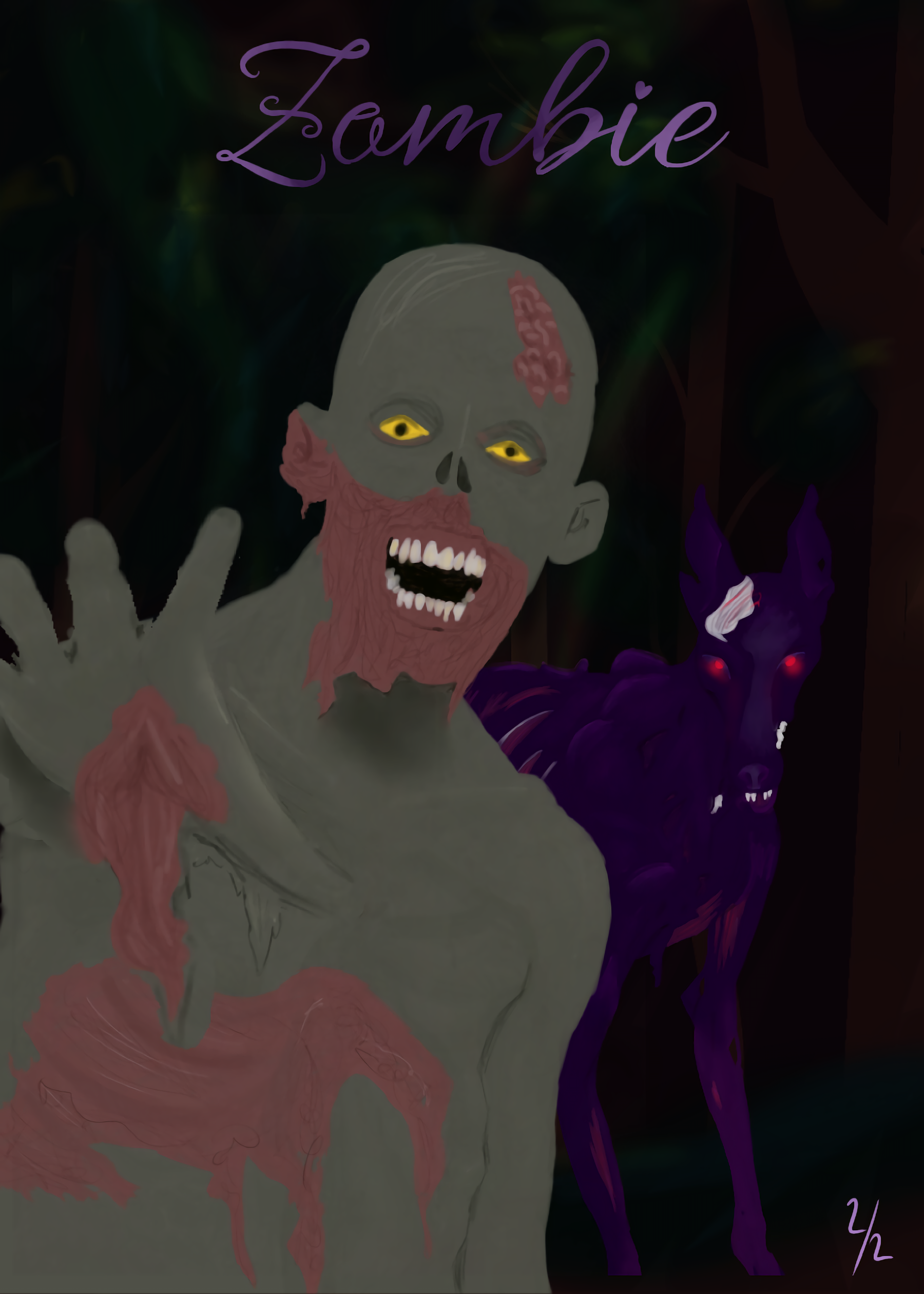 A zombie with gray skin, yellow eyes, and a pink exposed brain, smiling with sharp teeth, reaching forward, with a dark purple dog with glowing red eyes and a exposed skull behind it, and the word 'Zombie' written in purple at the top.