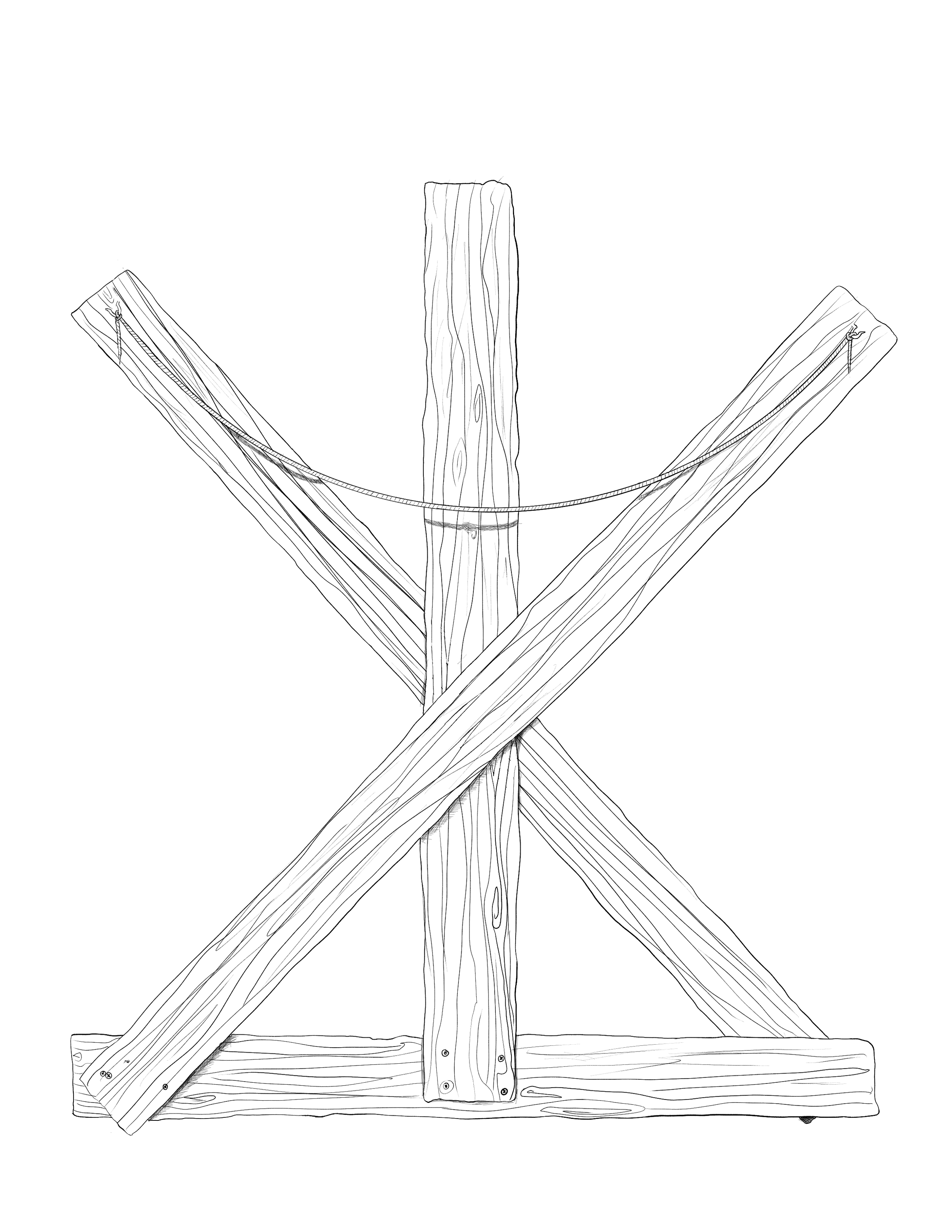 Sketch of a wooden hurdle with two angled supports and a horizontal bar. Band logo