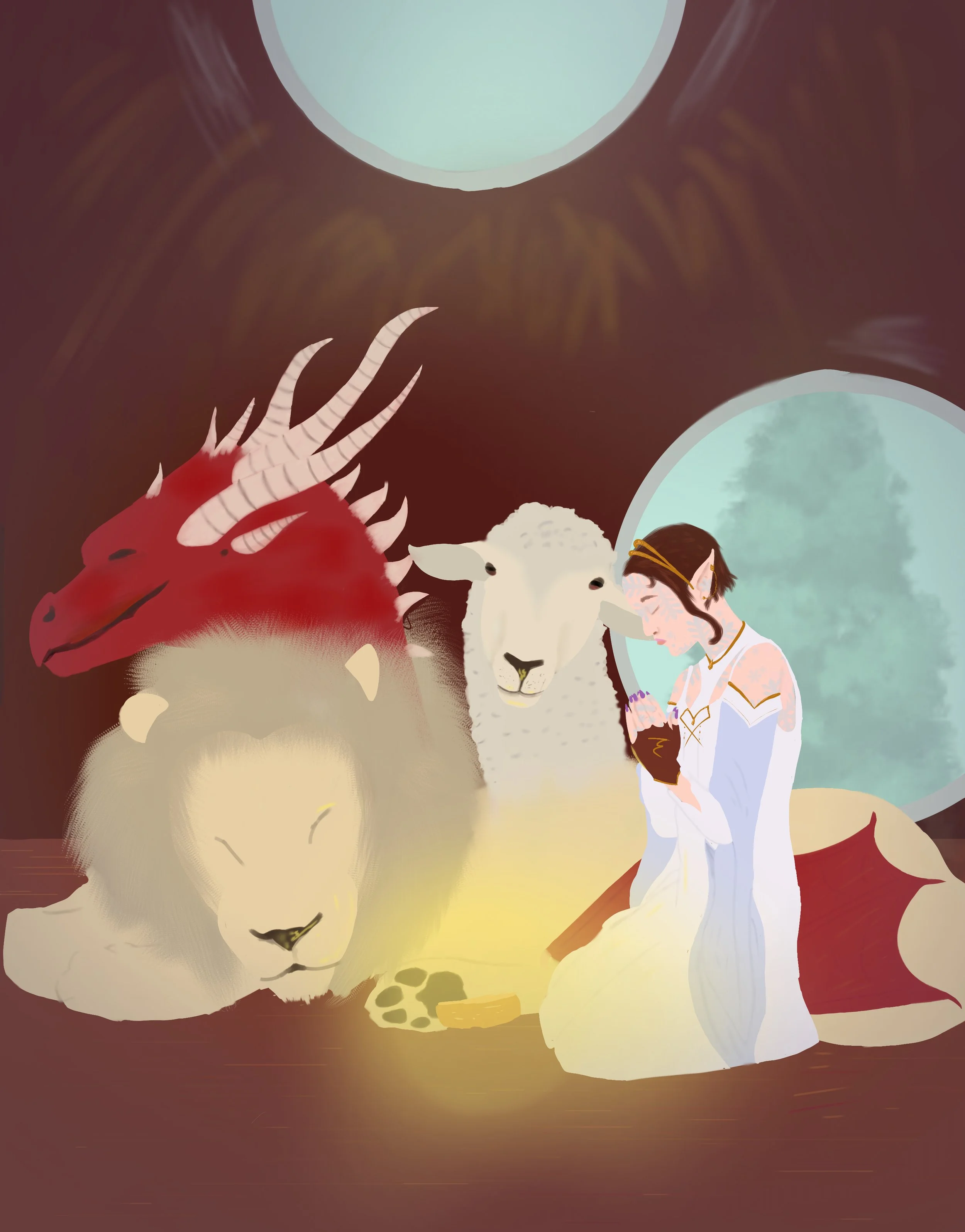 A fantasy scene with a kneeling elf woman surrounded by a chimera of a red dragon, a white goat, and a white lion inside a room with two large windows showing a cloudy sky.