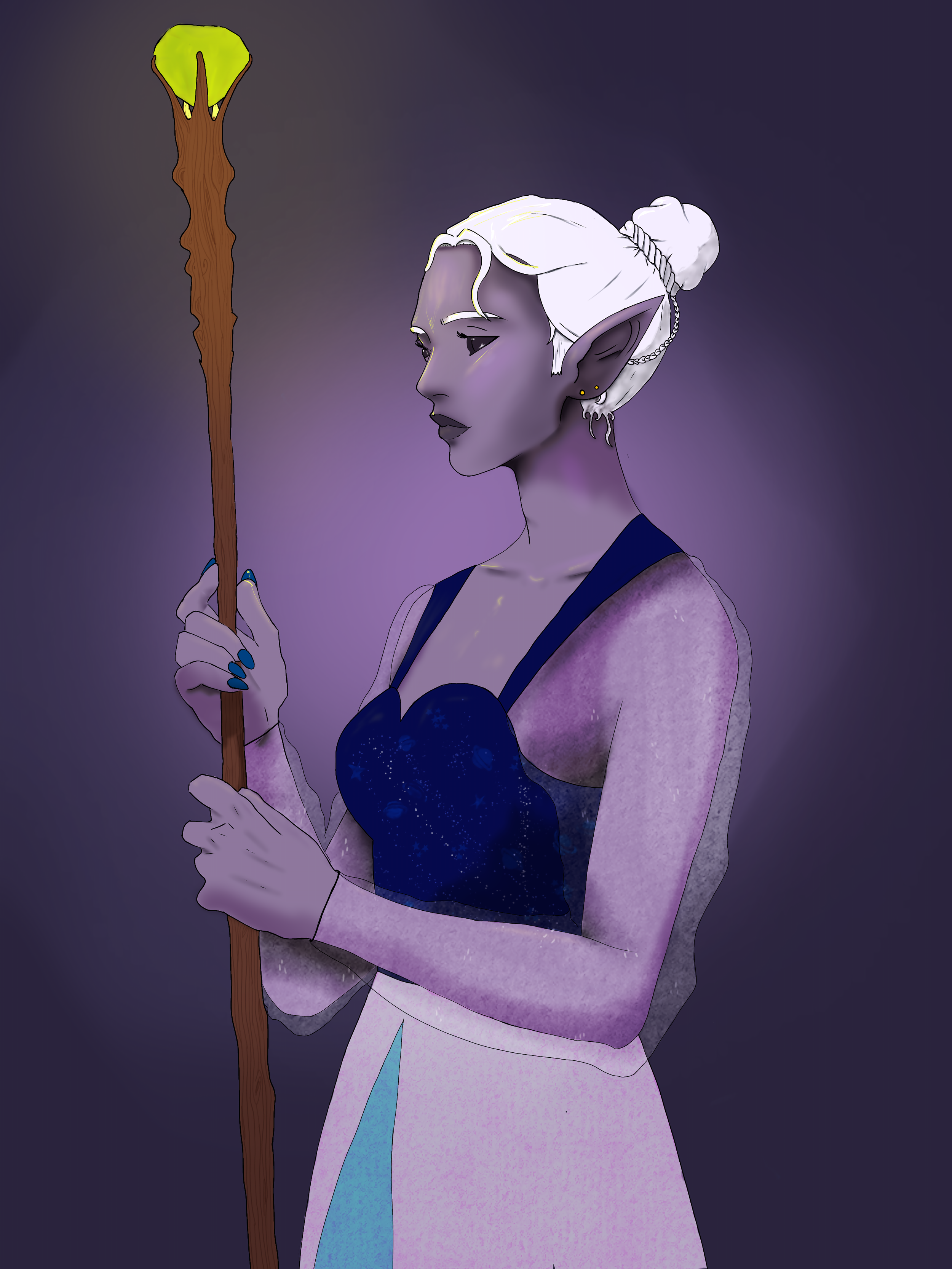 An illustration of an crow woman with white hair, purple skin, and pointed ears, holding a wooden staff with a glowing green crystal at the top, against a dark background.