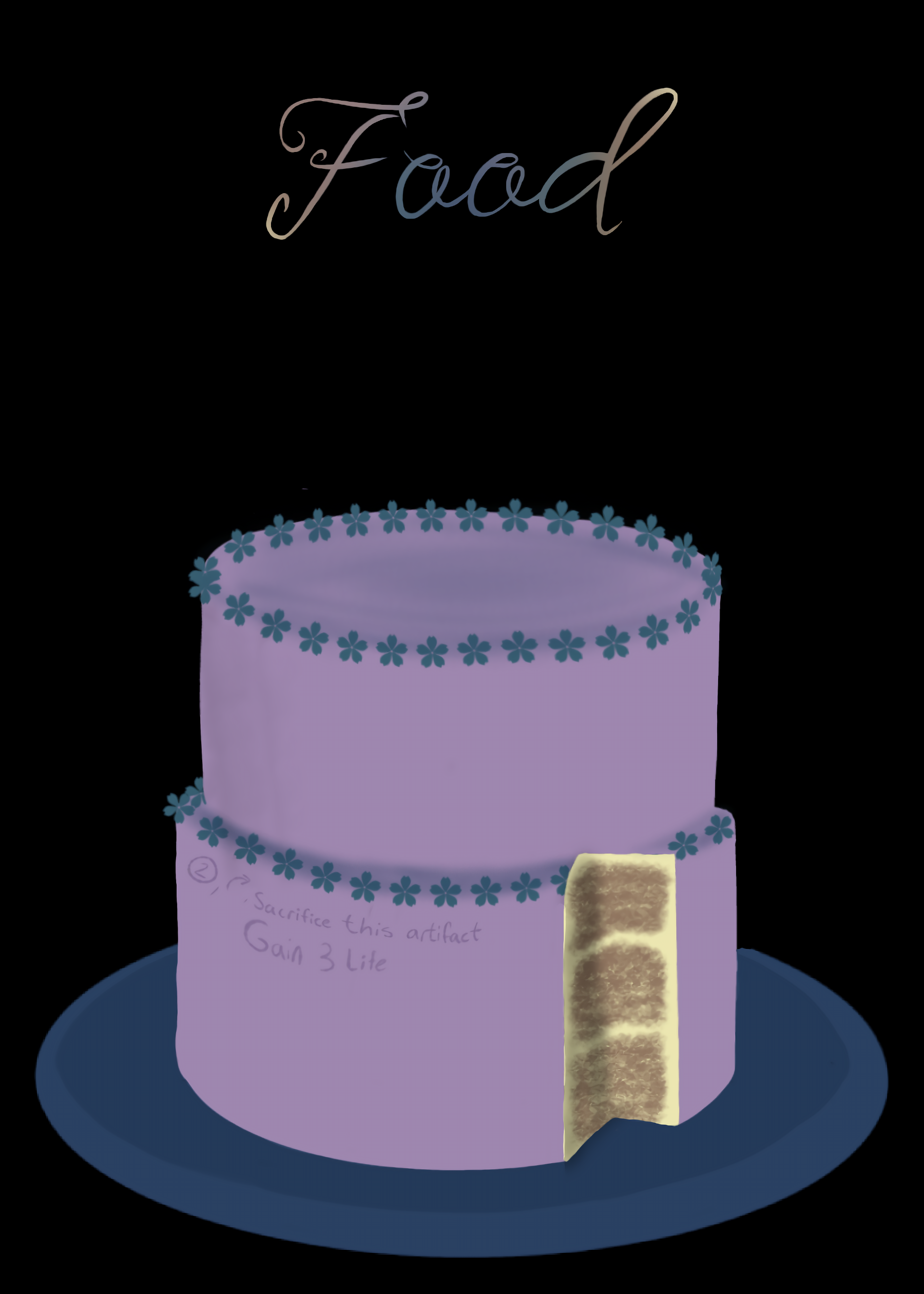 A two layered purple cake with flower decorations around the top of the layers. "Sacrifice this artifact, Gain 3 life". Food is written at the top in a handwritten script.