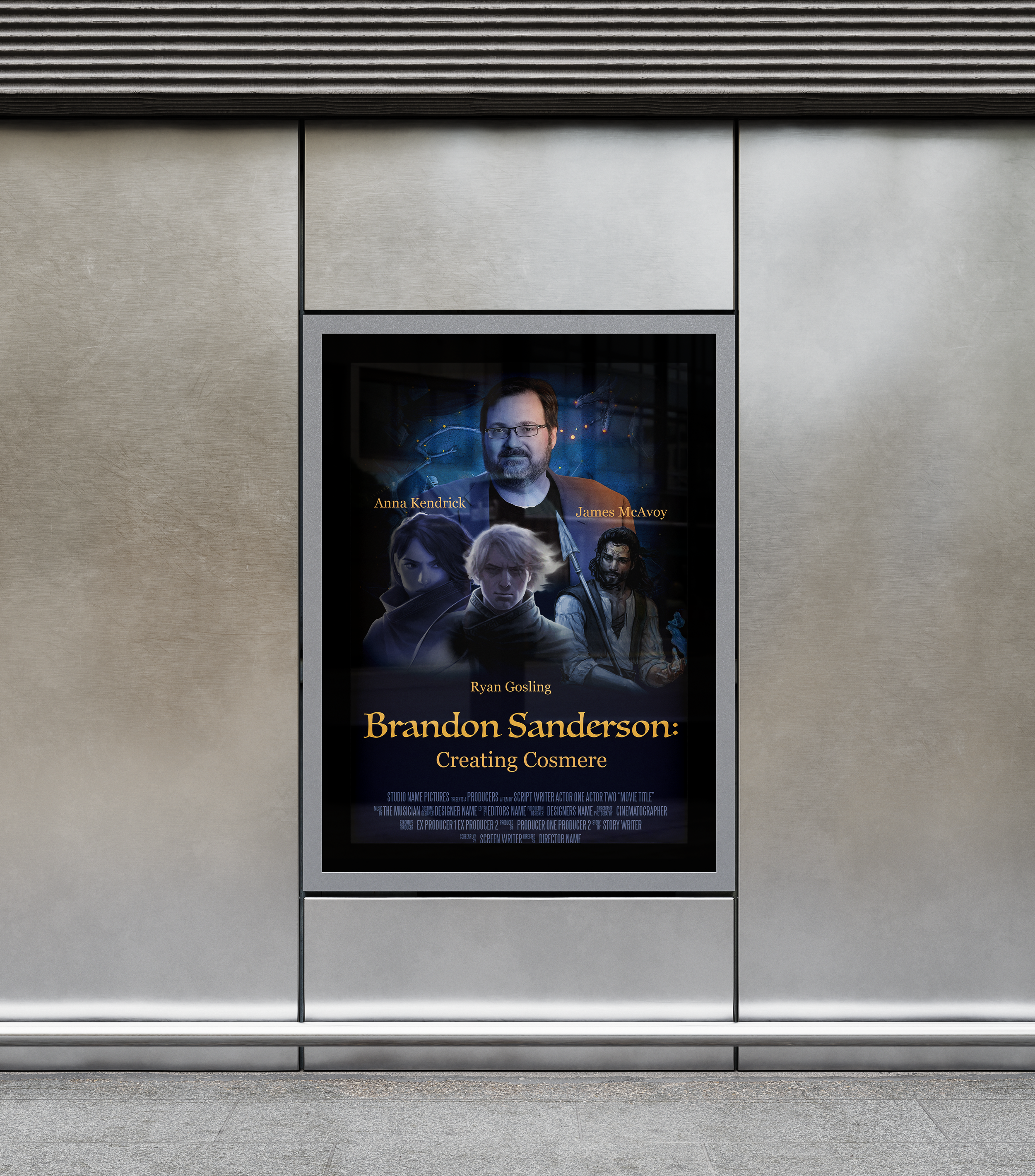 Poster advertising a documentary titled 'Brandon Sanderson: Creating Cosmere' featuring images of four people, with one man at the top and three characters below, with text displaying names Anna Kendrick, James McAvoy, and Ryan Gosling.
