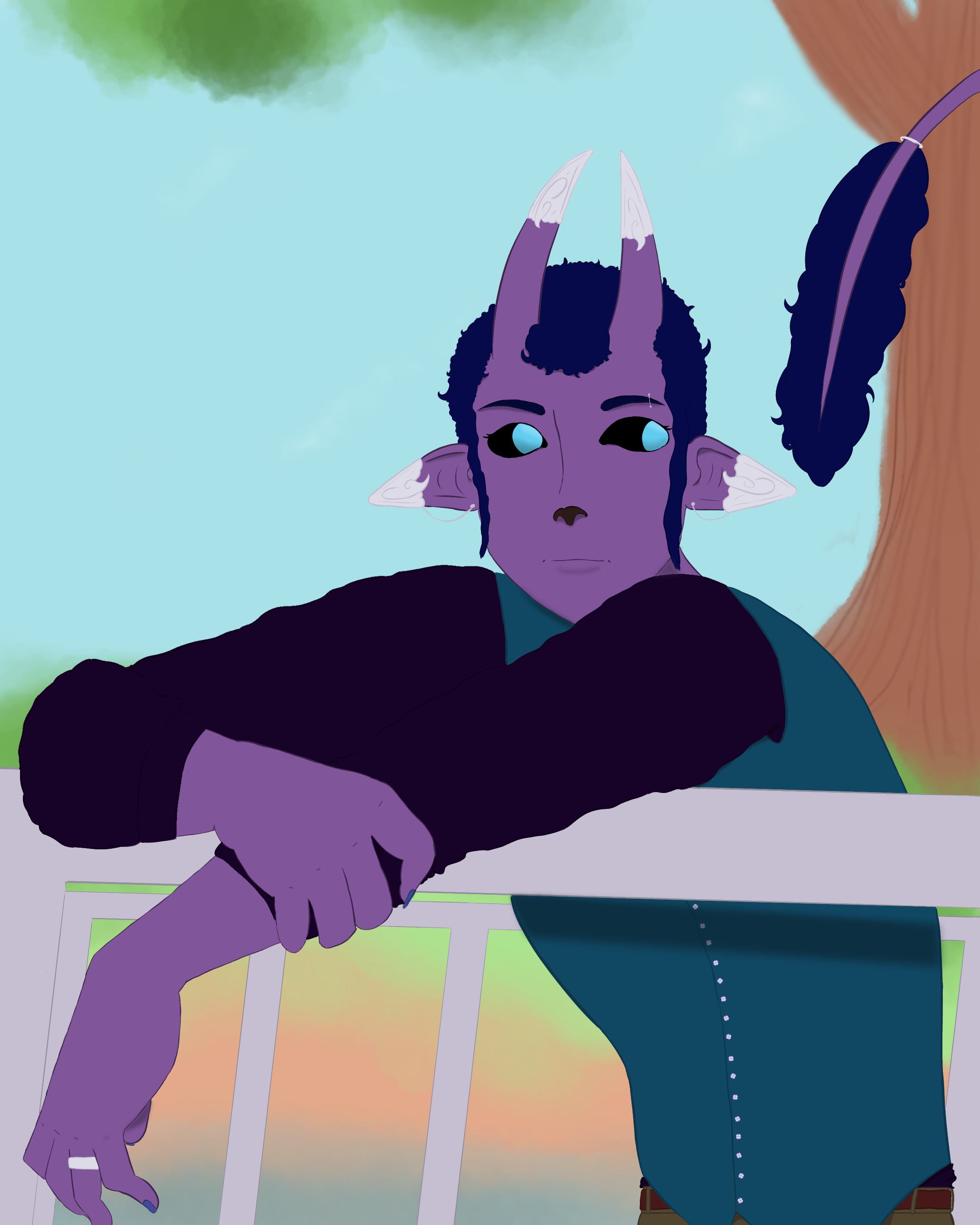 A purple-skinned teifling with horns, elf-like ears, dark curly hair, and bright blue eyes, resting their arm on a railing outdoors with trees in the background.