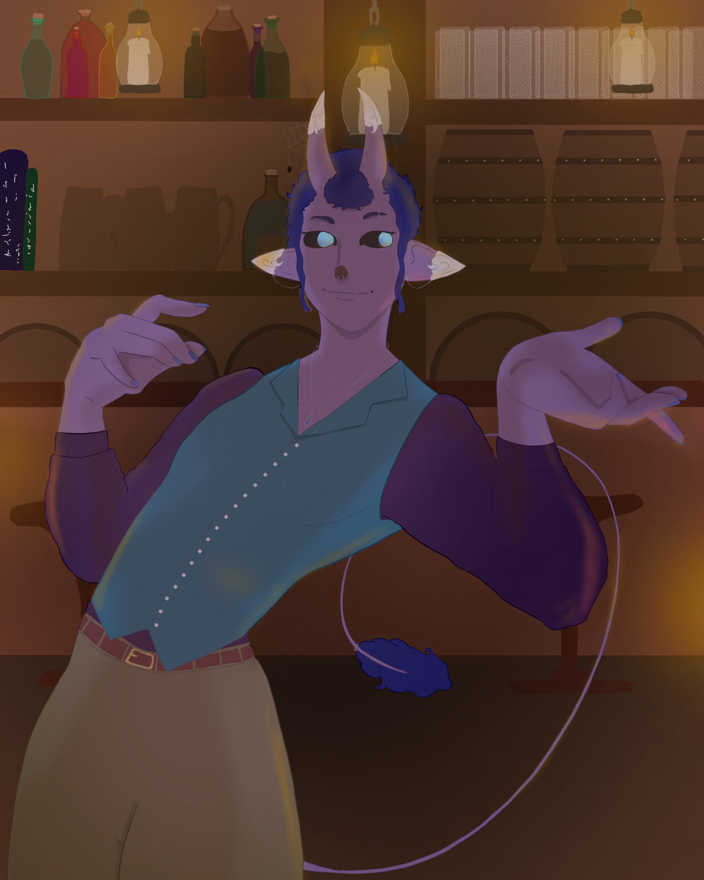 A tiefling witlarge ears, standing in a cozy tavern or bar setting with shelves of bottles and books behind them. The character is smiling, with a confident pose, and is wearing a blue vest over a dark shirt, along with earrings and a tail visible.