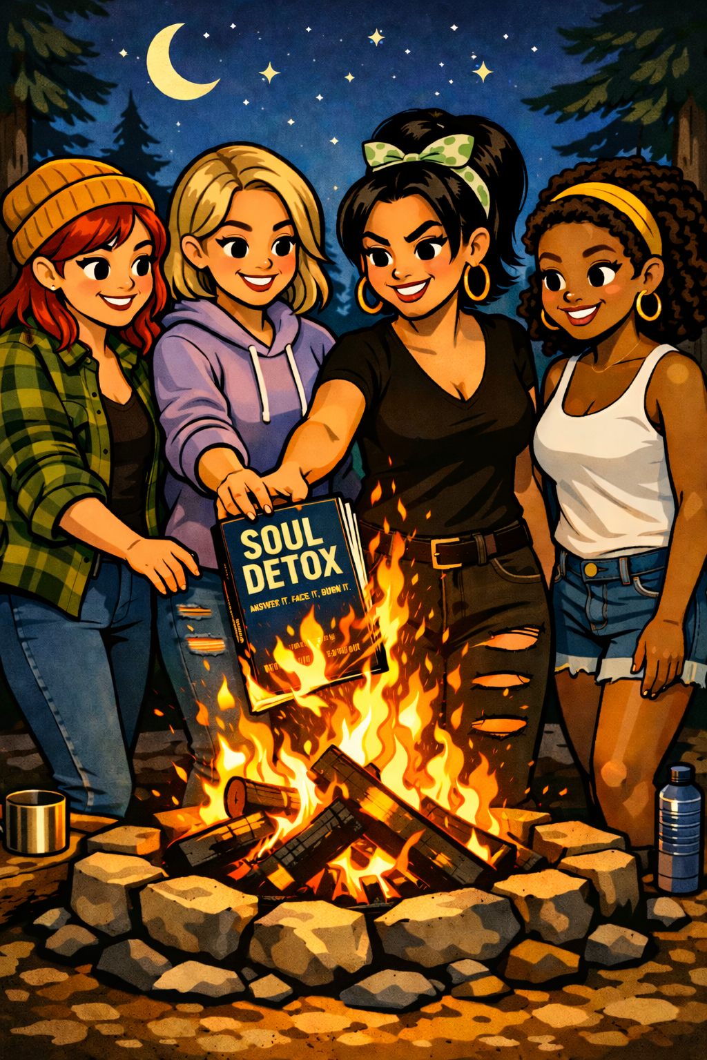 Four women gathered around a campfire at night, smiling and holding a book titled 'Soul Detox,' with a forest and starry sky in the background.