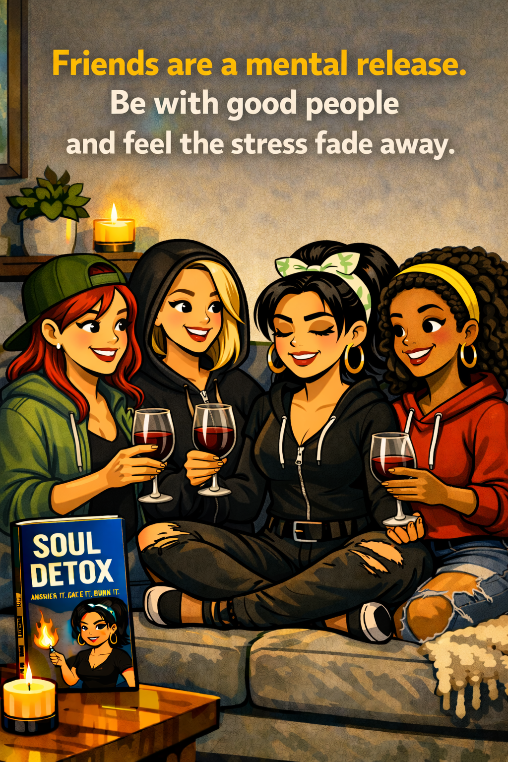 Four young women sitting on a couch, smiling, holding glasses of red wine, and enjoying each other's company. There is a candle, a potted plant, and a book titled "Soul Detox" on a table nearby, with a warm cozy setting.